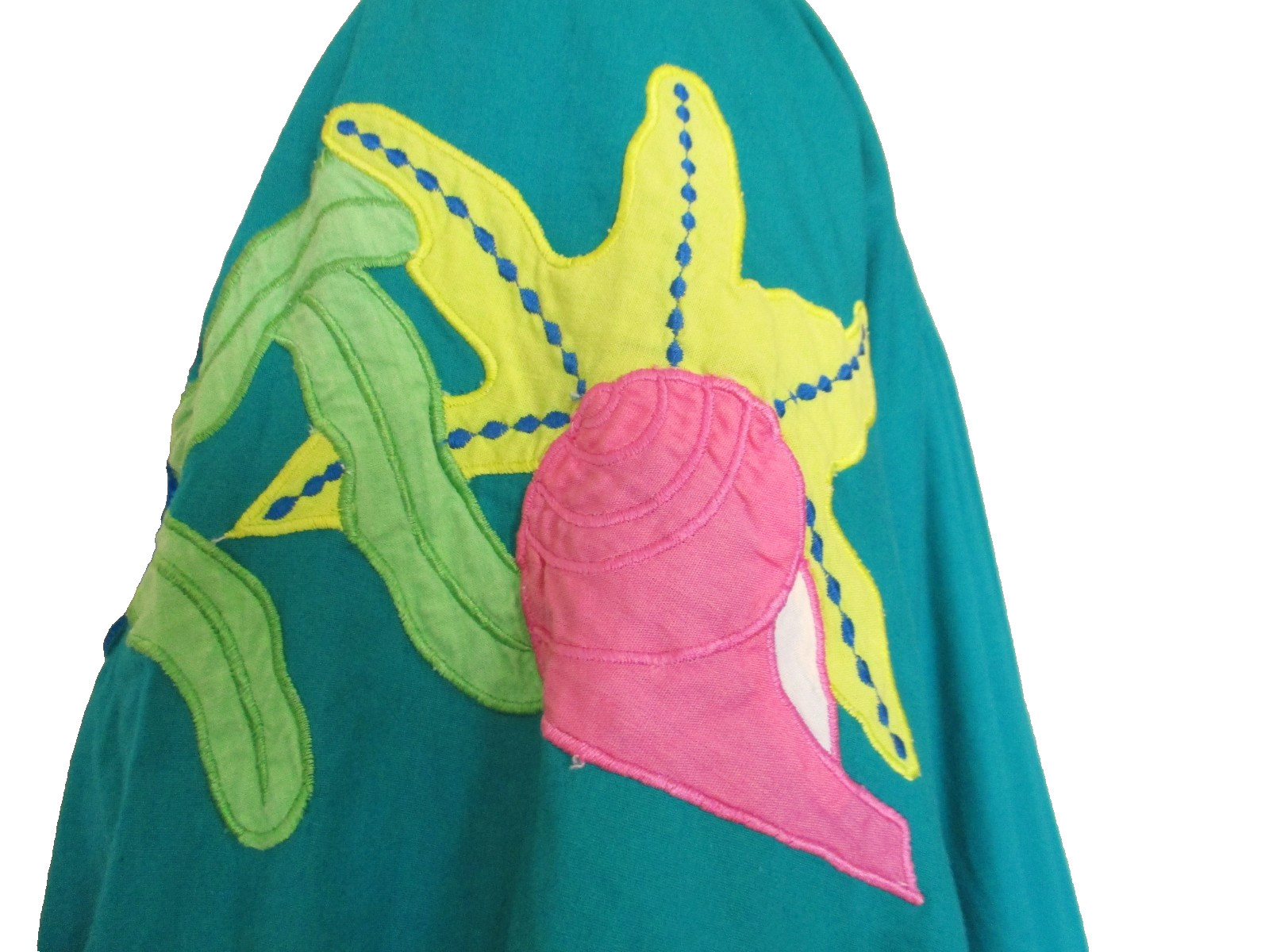 Vtg Penchant Dress Caftan M/L Women Teal Green Cotton Seascape Shell Embroidery
