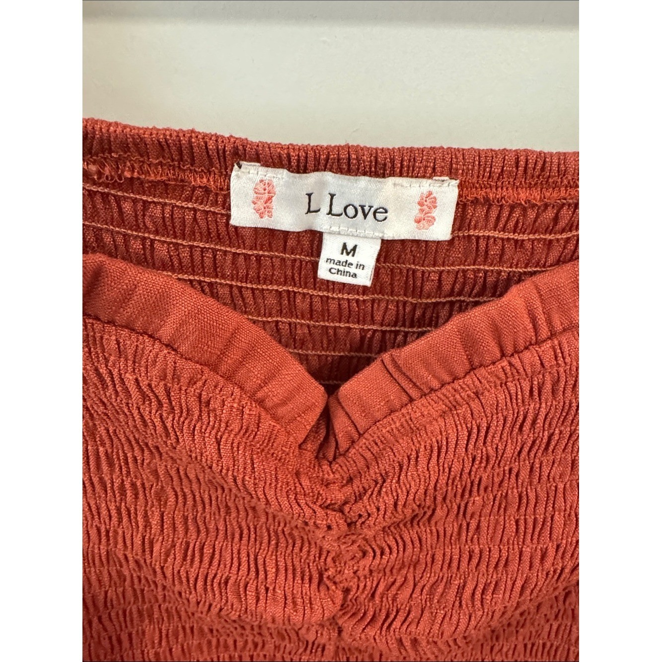 Boho Smocked Peplum Peasant Blouse with Ruffle Bell Sleeves Size M – Rust Rose