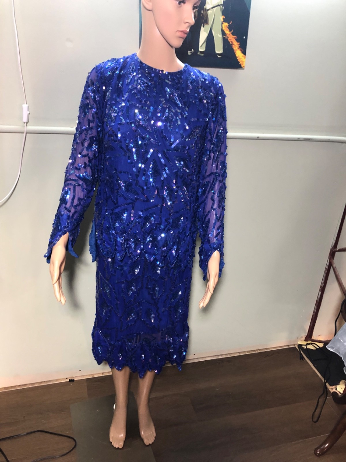 Vintage 80s Swee Lo Blue Sequin Beaded 2 Piece Top Skirt Set 100% Silk Sz M