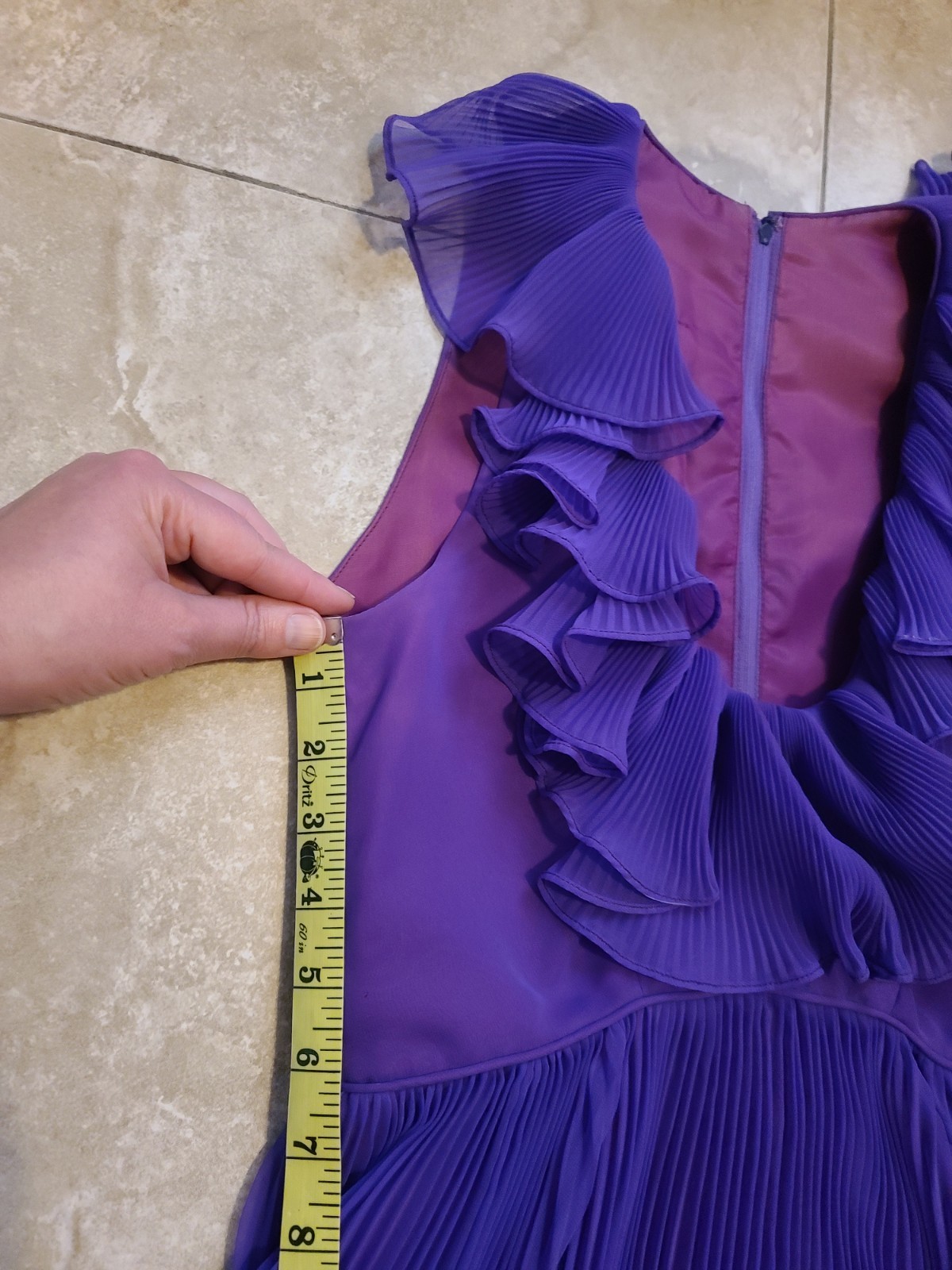 VTG Chiffon Pleated Rainbow Stripe Purple Maxi Dress Ruffle Collar V Neck UV Glo