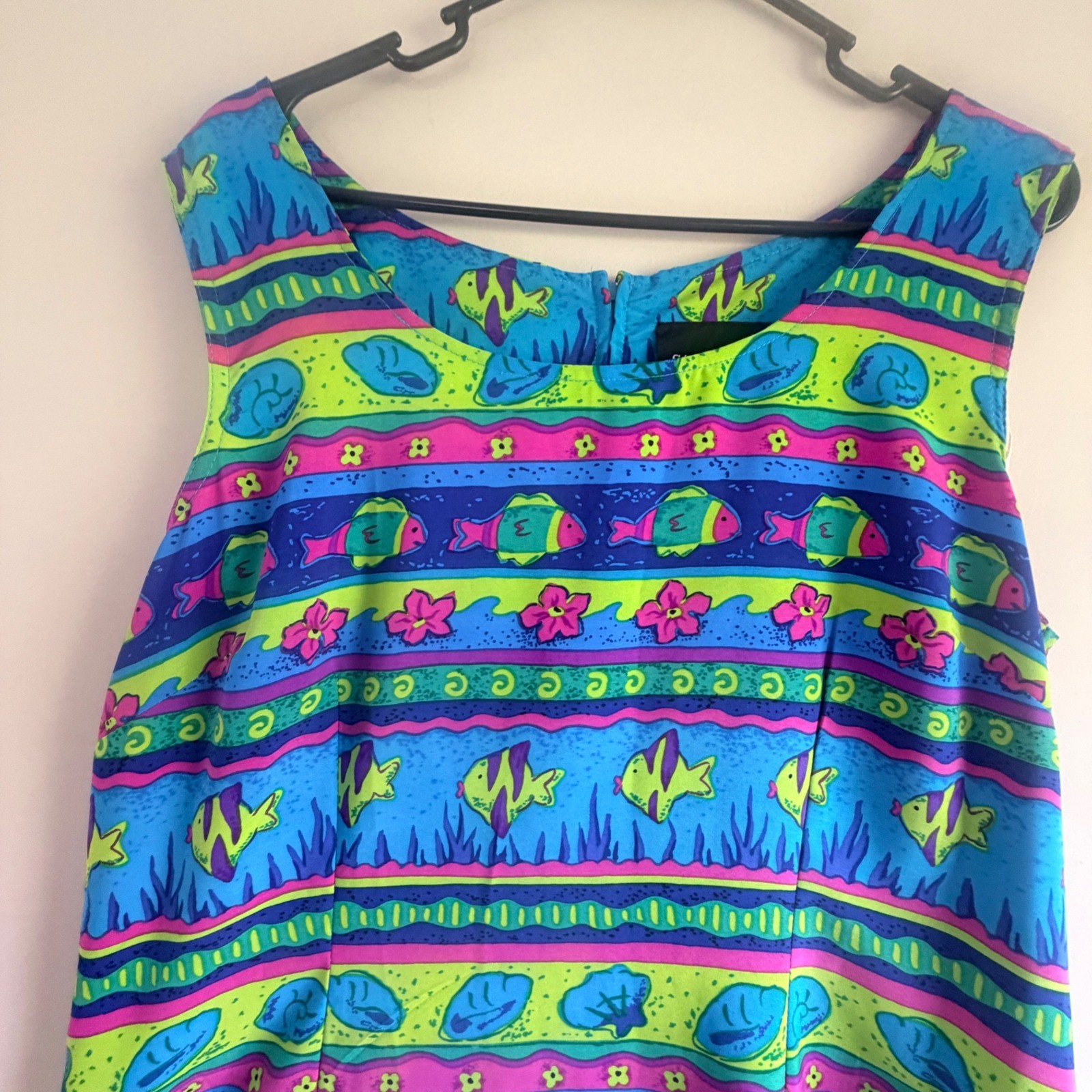 VTG Sag Harbor Fish Statement Sun Dress Womens 16 Artsy Tropical Eclectic Costal