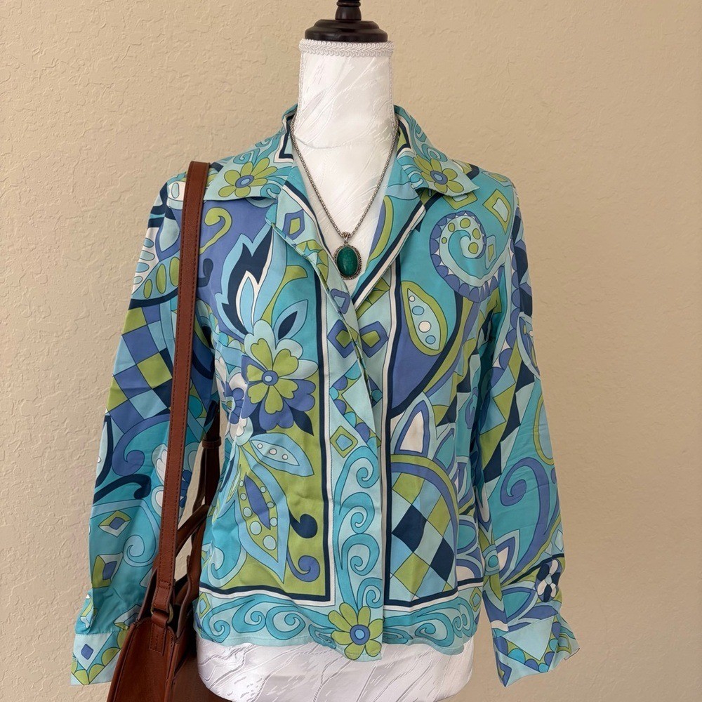 Petite Sophisticate 100% Silk Blouse Psychedelic Print Vintage Petite Size 4