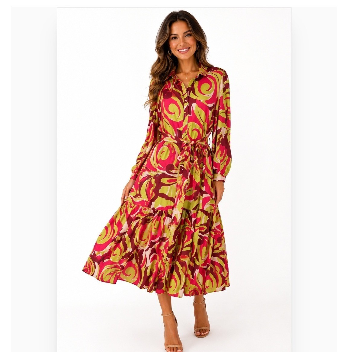 Flying Tomato Midi Dress Women&rsquo;s Medium Pink Lime Retro Swirl Belted