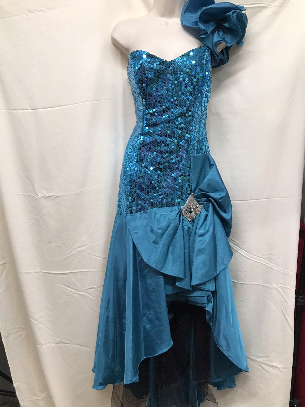 Vintage Nadine Teal Sequins One Shoulder Prom Party Formal Dress Gown Sz 11 USA