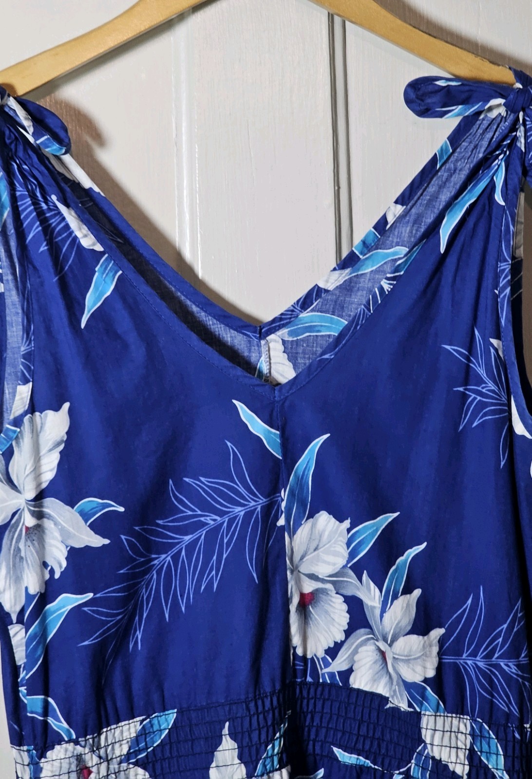VGT 90s Banana Bay Dress Size M Blue Cotton Tropical Floral Hawaiian Hibiscus