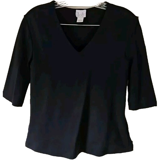 Ann Taylor LOFT Blouse Black Stretch Short Sleeve Elbow Pullover V-neck Medium