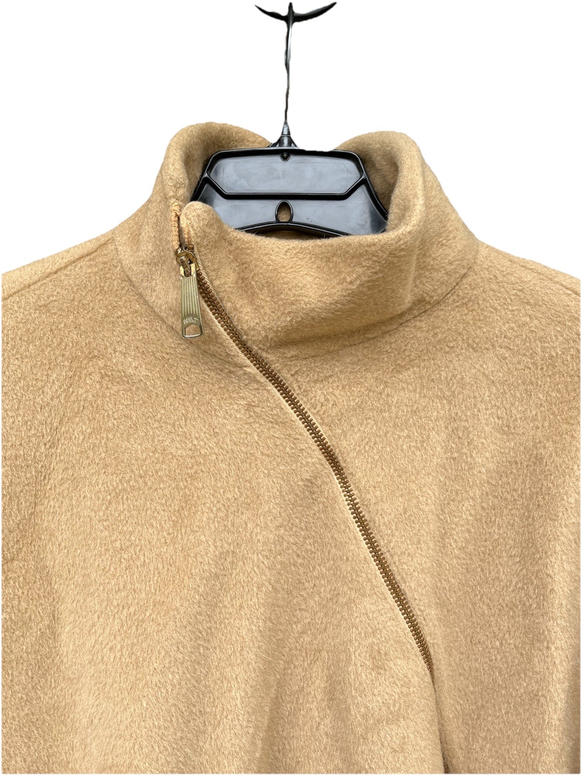 50s 60s Saks 5th Ave Wool Midi Cape Coat VTG Camel Hi Collar Front Zip