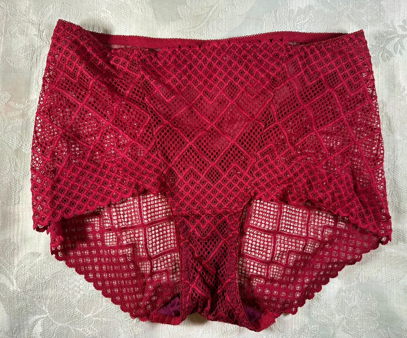 Vintage Red Brief Panties Geometric Lace Size Marked XXL 13&Prime; Flat Waist