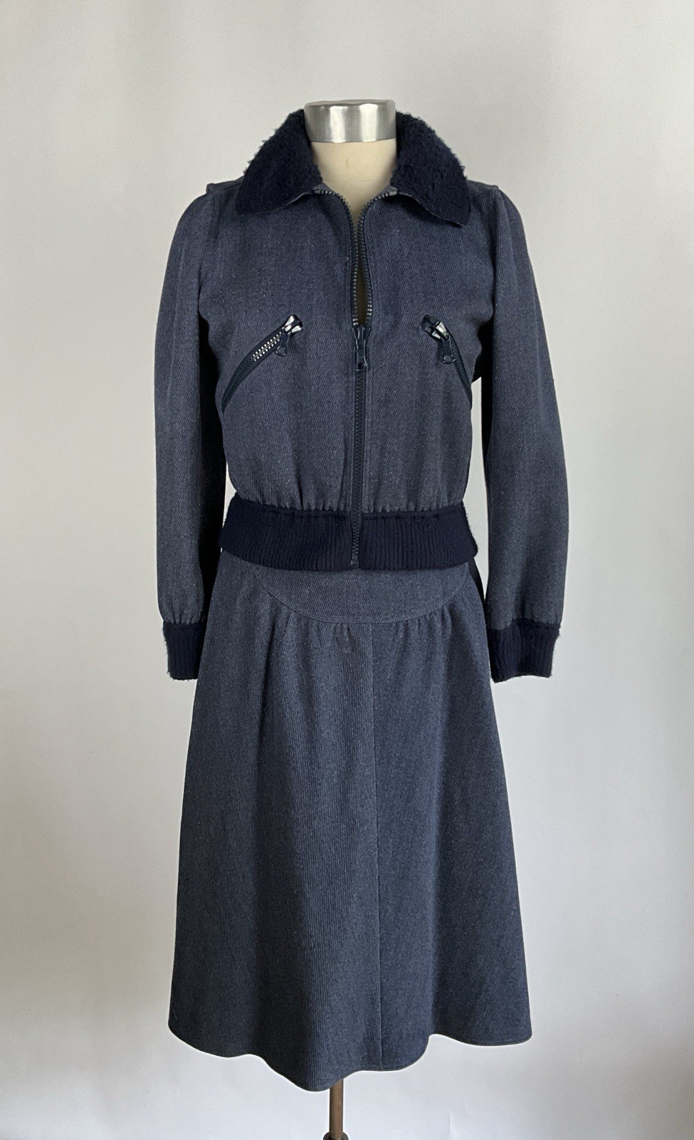 Vintage c.1970 Courreges Hyperbole Bomber Jacket and Skirt with Faux Shearling