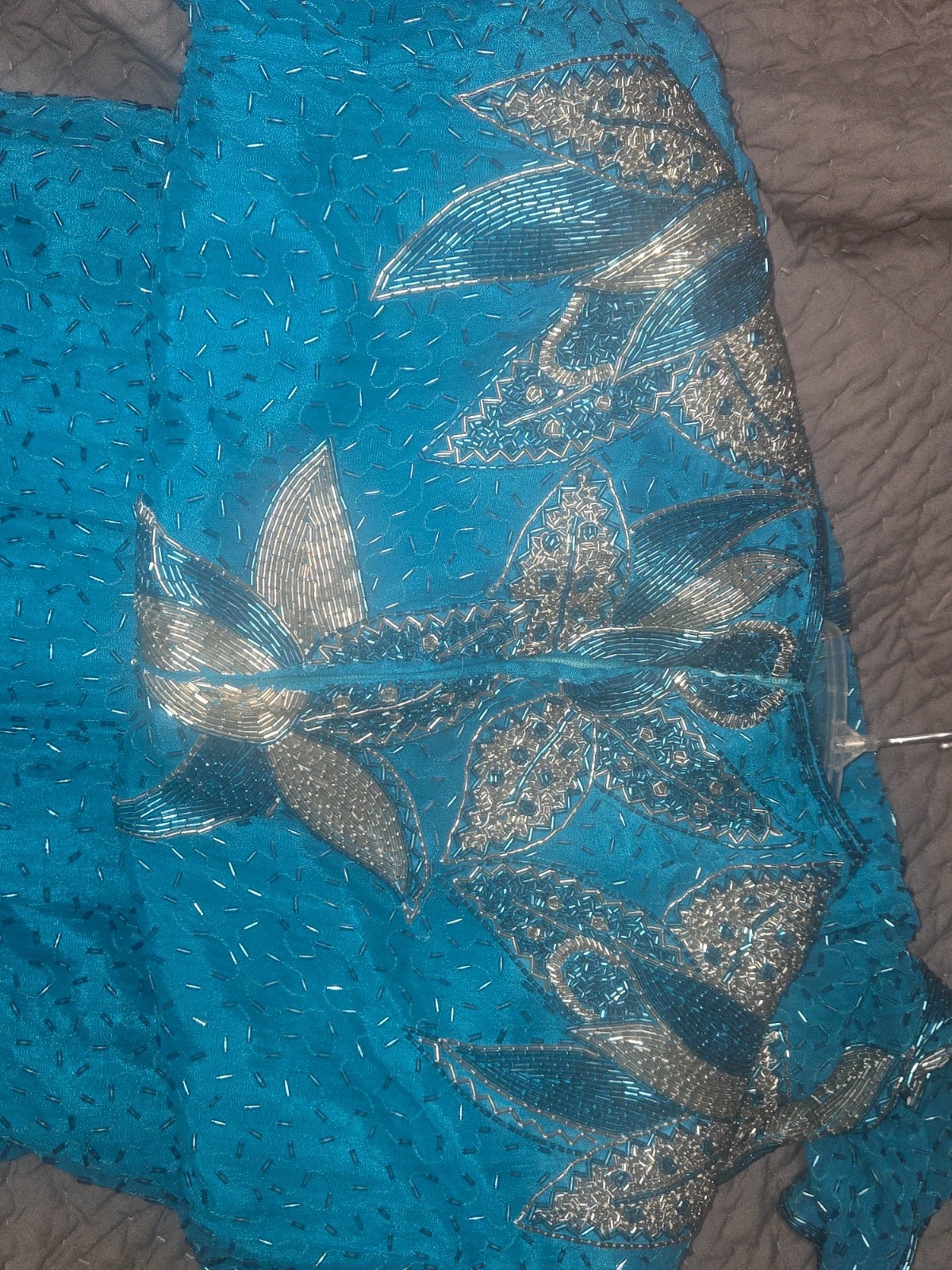 Vintage VINNIE Long Green, Teal, Silk Beaded Dress size XL