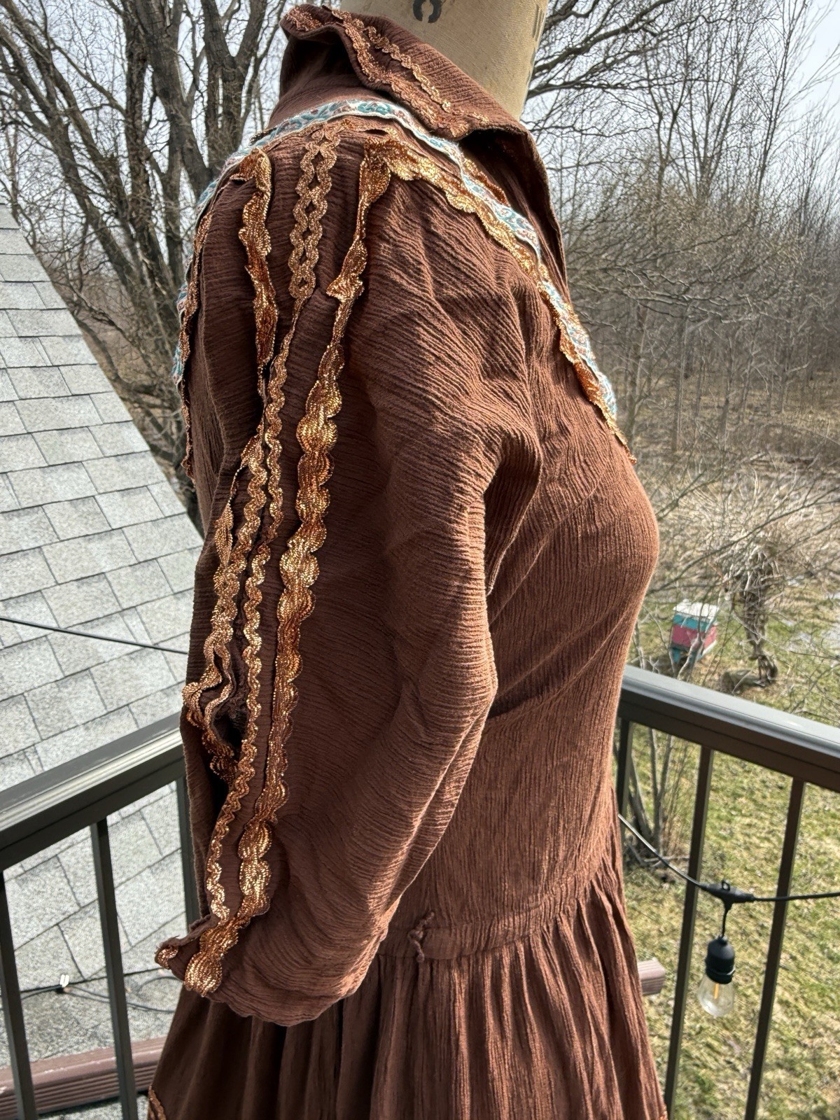 Vintage Faye Creations Patio Fashions Arizona Brown Dress Copper / Blue Trims