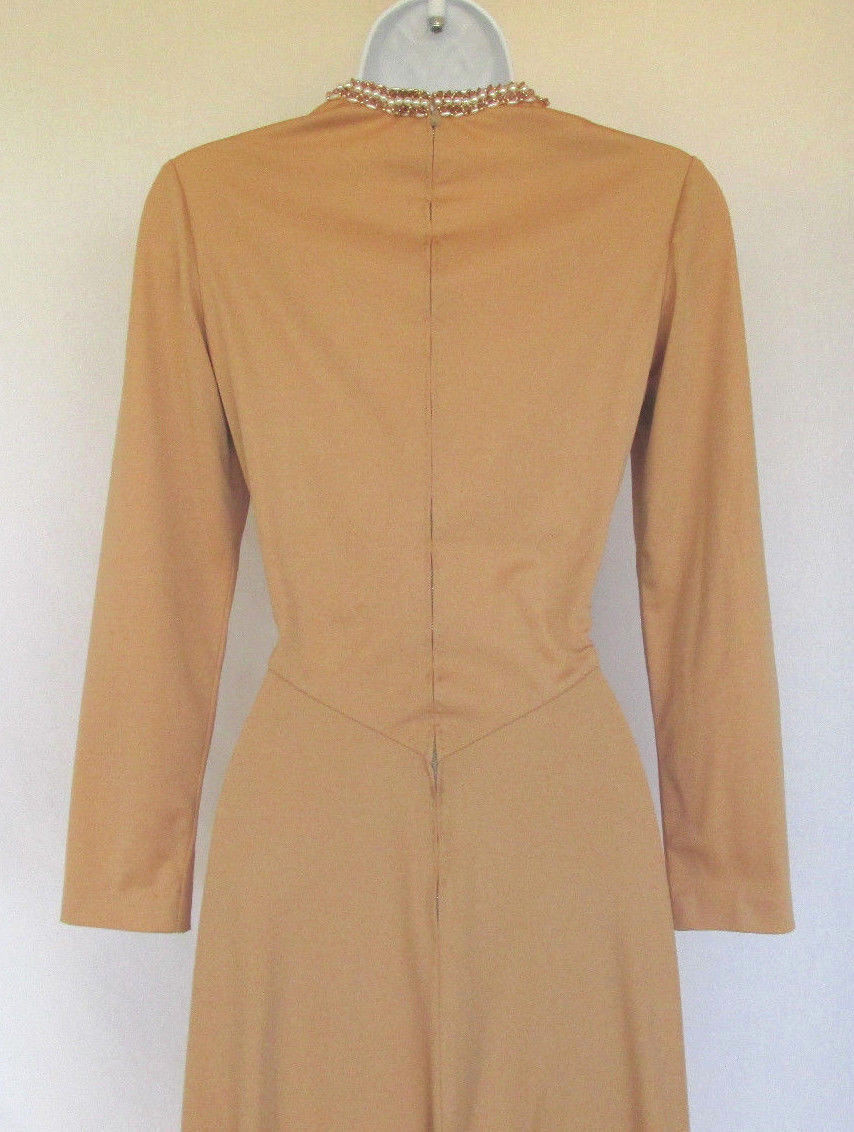 VINTAGE DRESS 1950s 60s MOD VICTORIA ROYAL BEADS KEY HOLE BRONZE SIZE 10 PEARLS