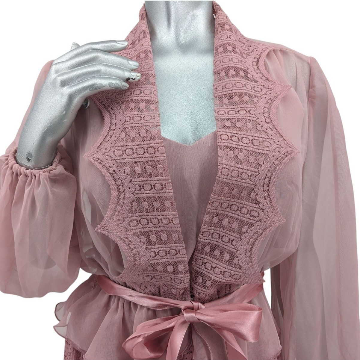 SALE! Vintage 1970&rsquo;s Mauve Pink PROM Maxi DRESS & JACKET Semi-Sheer Lace Overlay