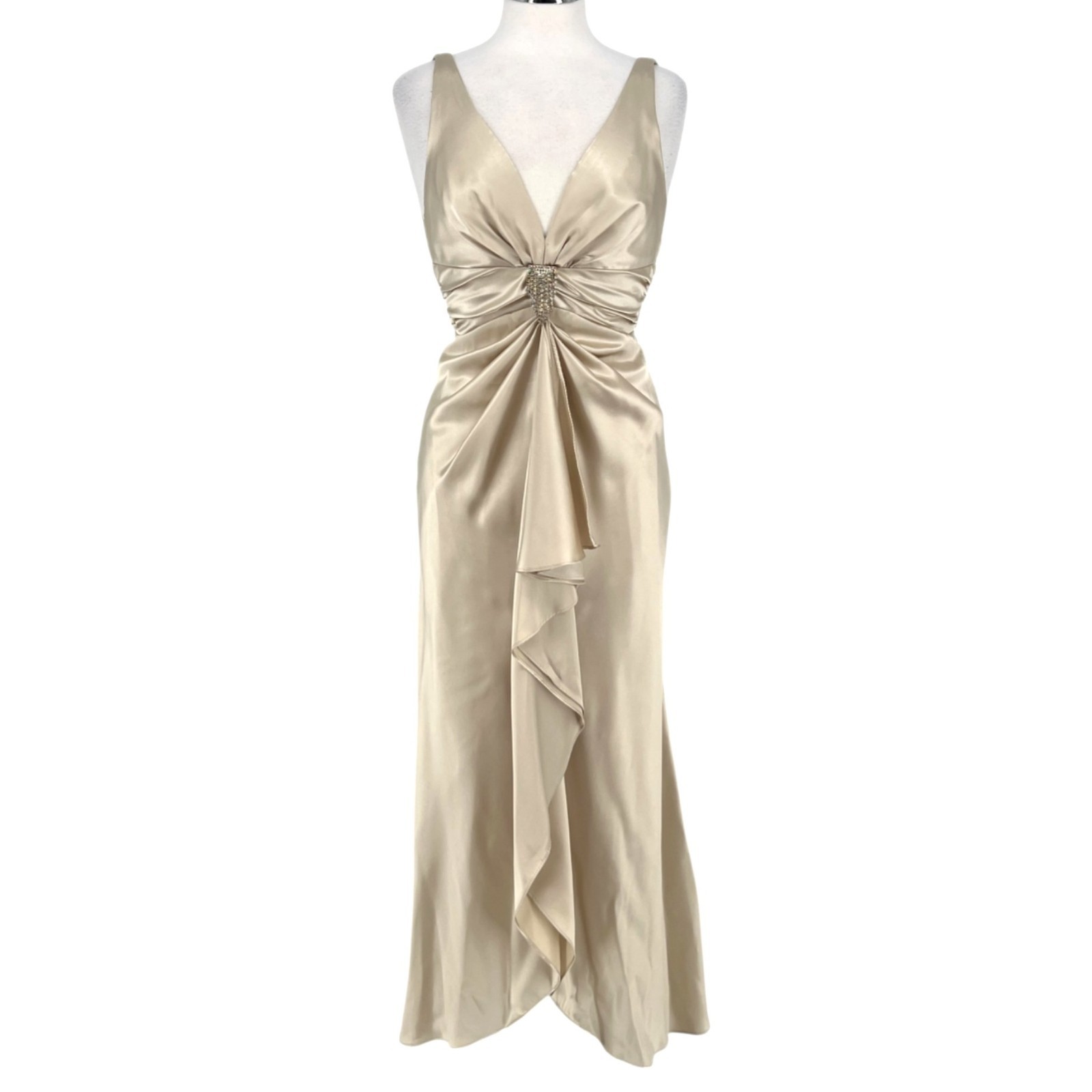Faviana Vintage 90s Champagne Satin Rhinestone Empire Waist Gown Dress Size 7/8