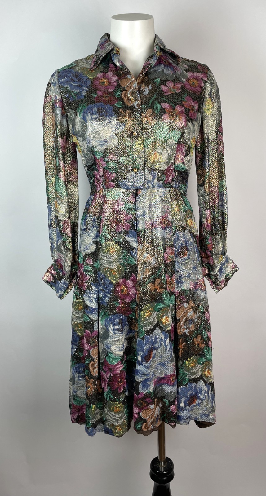 Vintage 70s 80s Floral Jacquard metallic long sleeved Cocktail Dress S 34&Prime; Bust