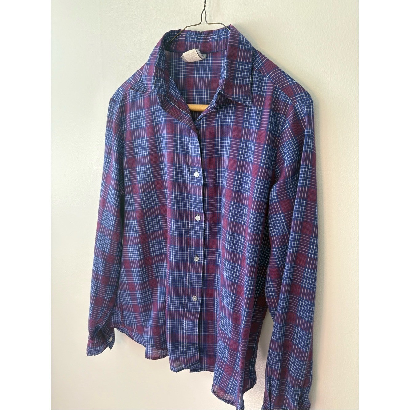 Vintage Women&rsquo;s Plaid Button-Down Shirt — Blue & Burgundy