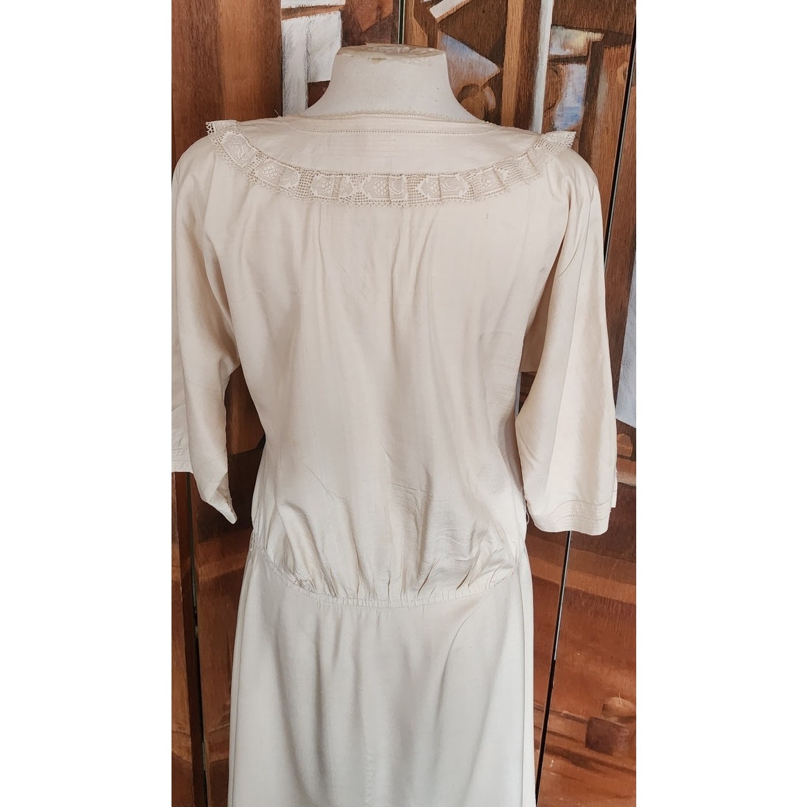 Vintage 80s Cream Silk Dress Lace Trim Edwardian Style Norma Walters