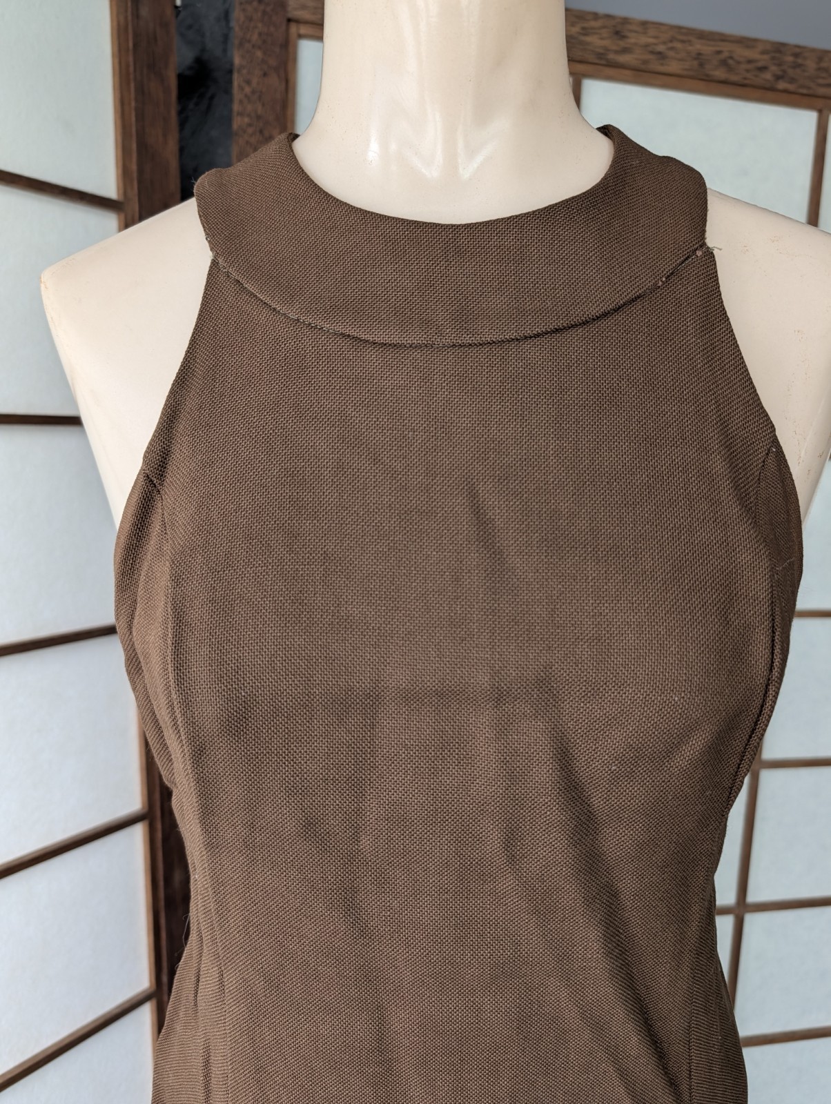 Vintage Brown Tweed Mini Dress Summer Sun Halter Open Back 1970s ILGWU Sz XS