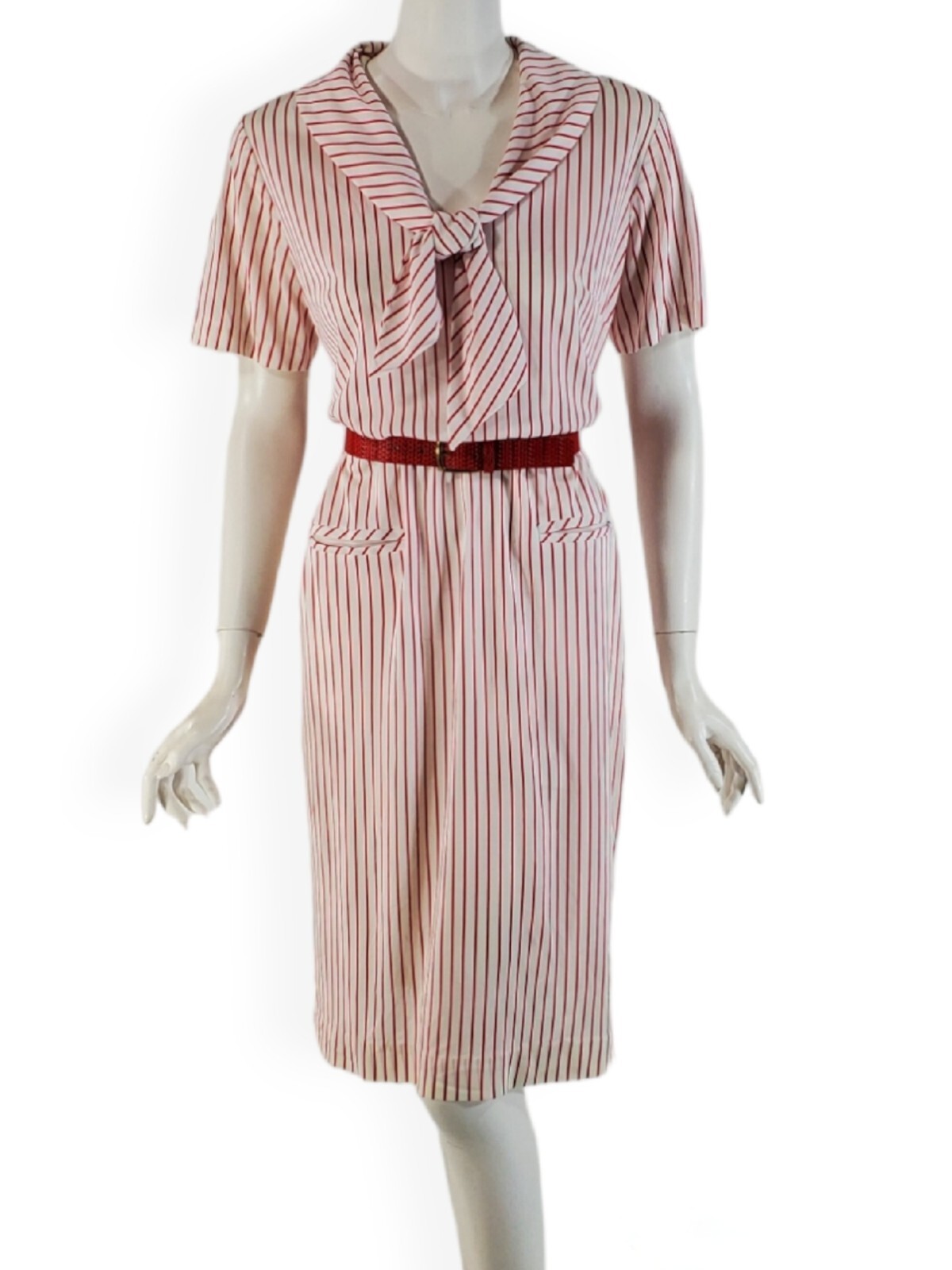 Vintage 60&rsquo;s Shift Dress in Slim Red Stripes – 60s Does 20s Dress – med, lg