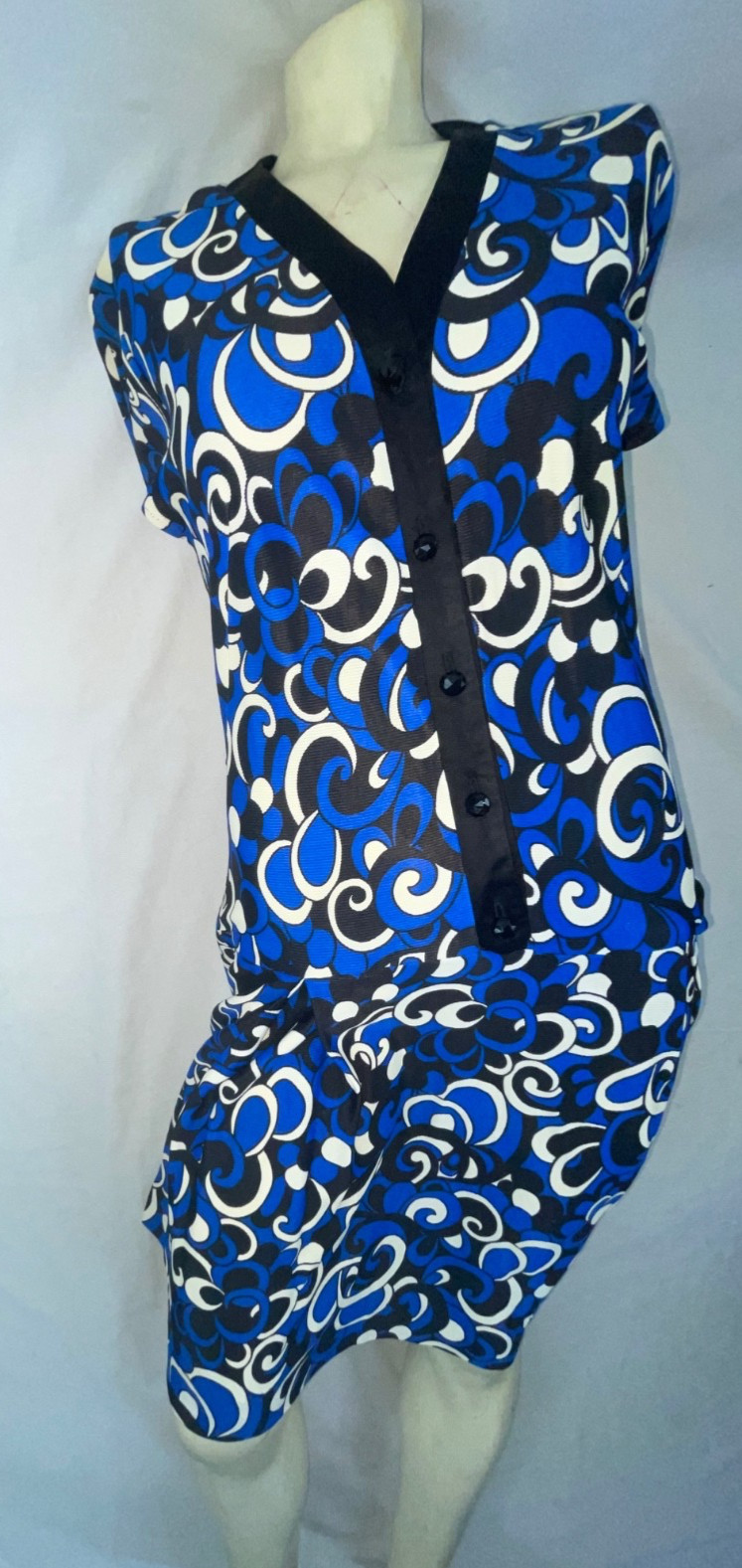 VTG 60s 70s WOMENS S BERKSHIRE BLUE GEOMETRIC DISCO RETRO BUTTON PARTY DRESS