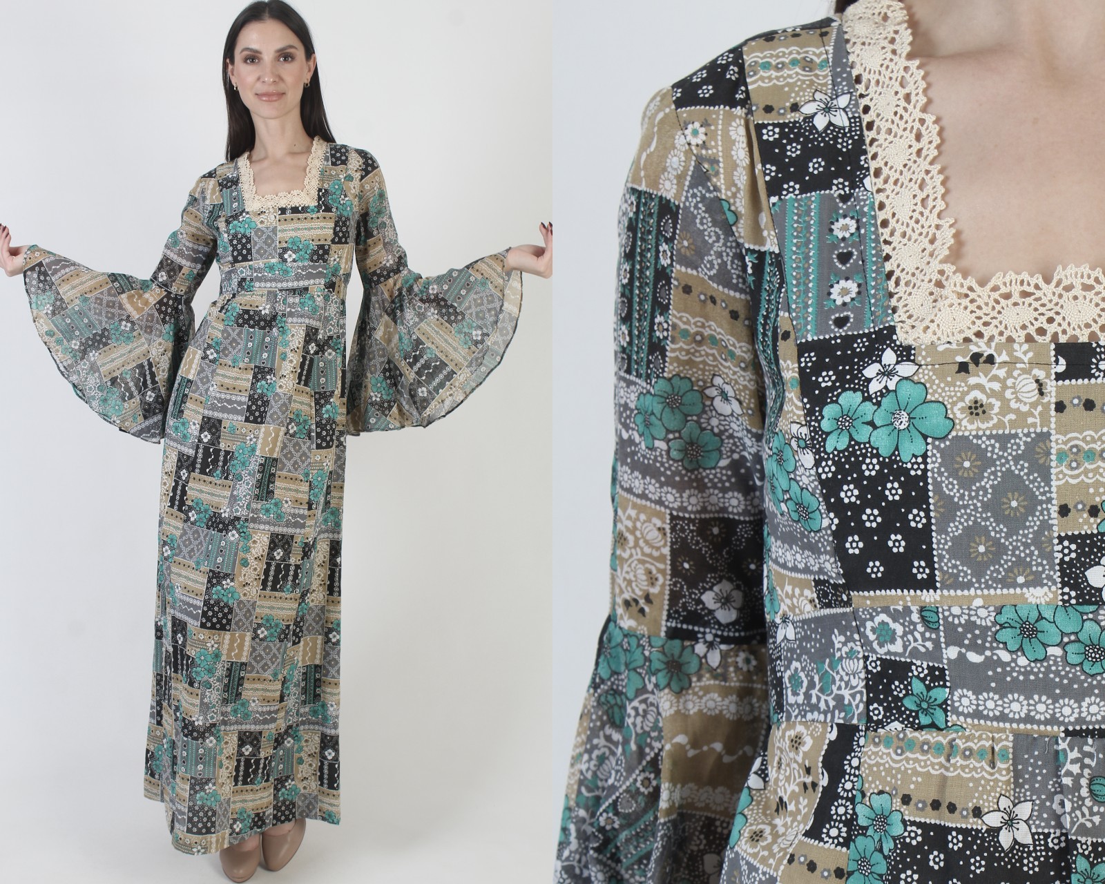 Vtg 70s Patchwork Dress Kimono Angel Sleeves Boho Wedding Prairie Cottage Maxi