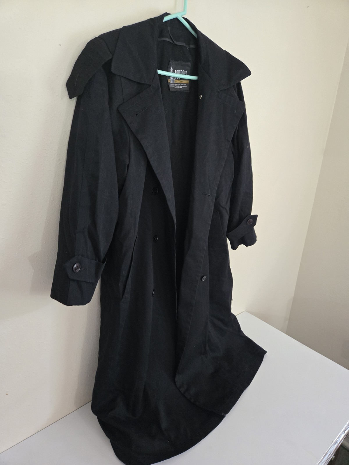 Vintage London Fog Made in USA Lined Black Trench Coat Size 8 Reg FREE SHIPPING