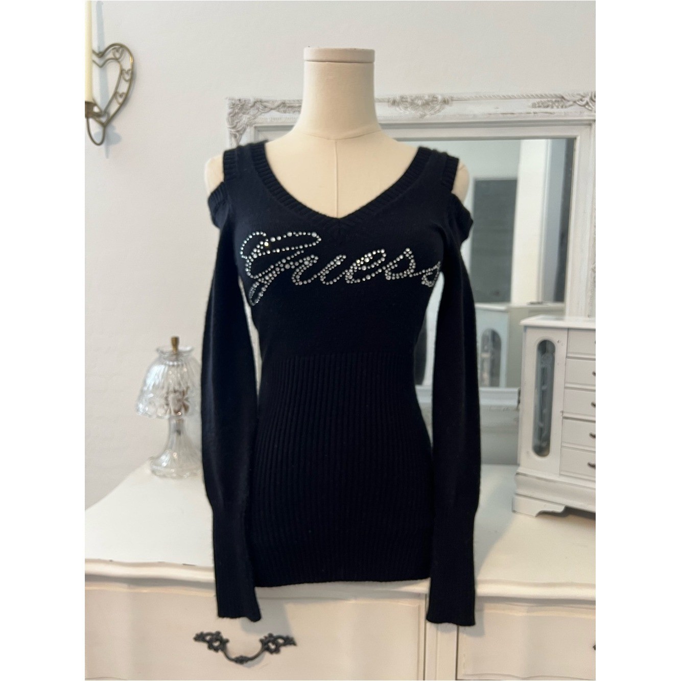 vintage guess black rhinestone long sleeve fitted sweater babydoll top