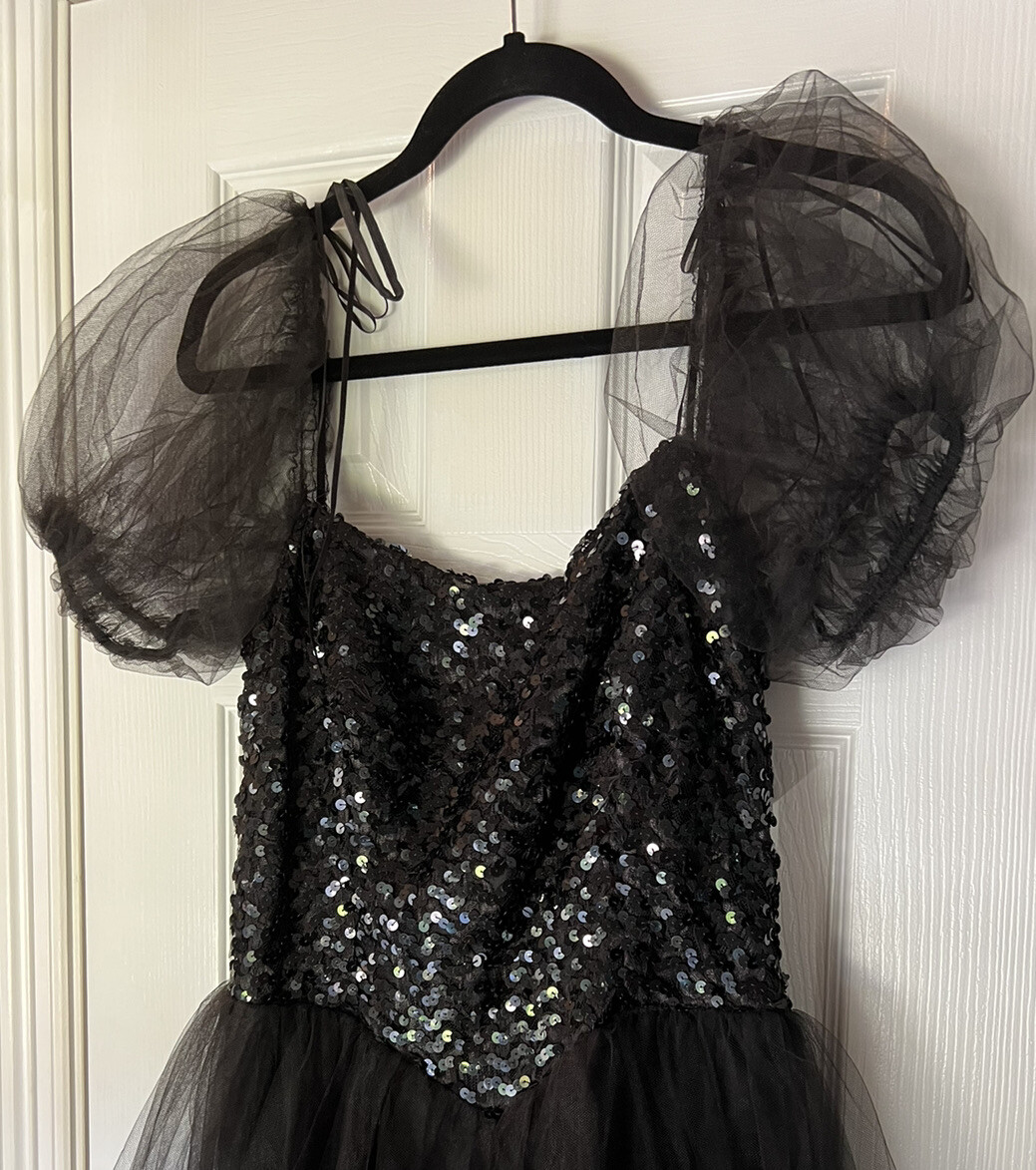 Flirtations Albert Angelo 80s Black Sequin Tulle Prom Dress Wednesday Halloween