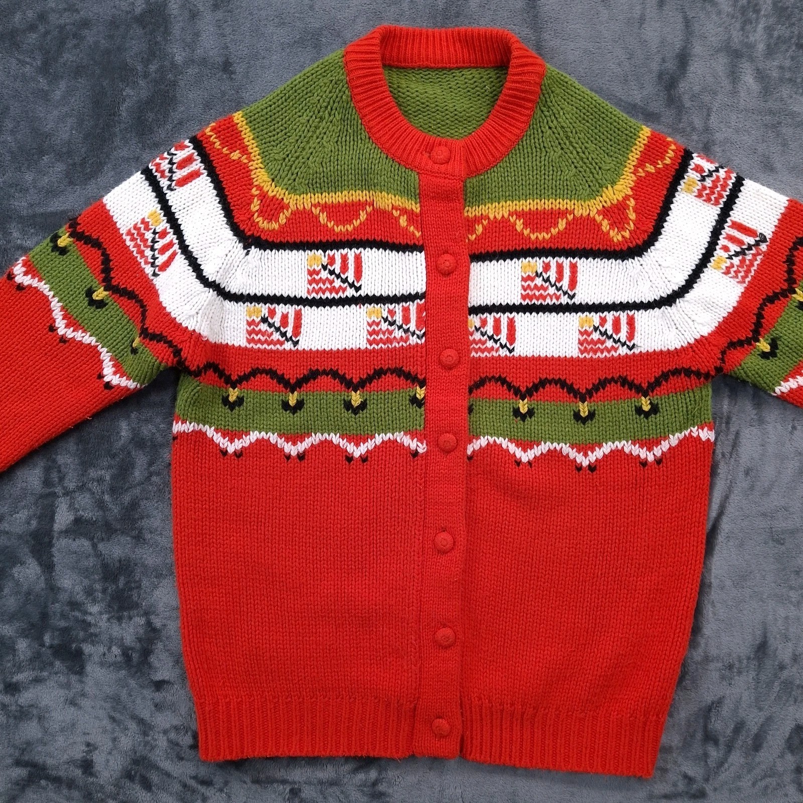 Vtg Handmade Button Front Sweater Red Green Acrylic Blend Womens M 80s Style