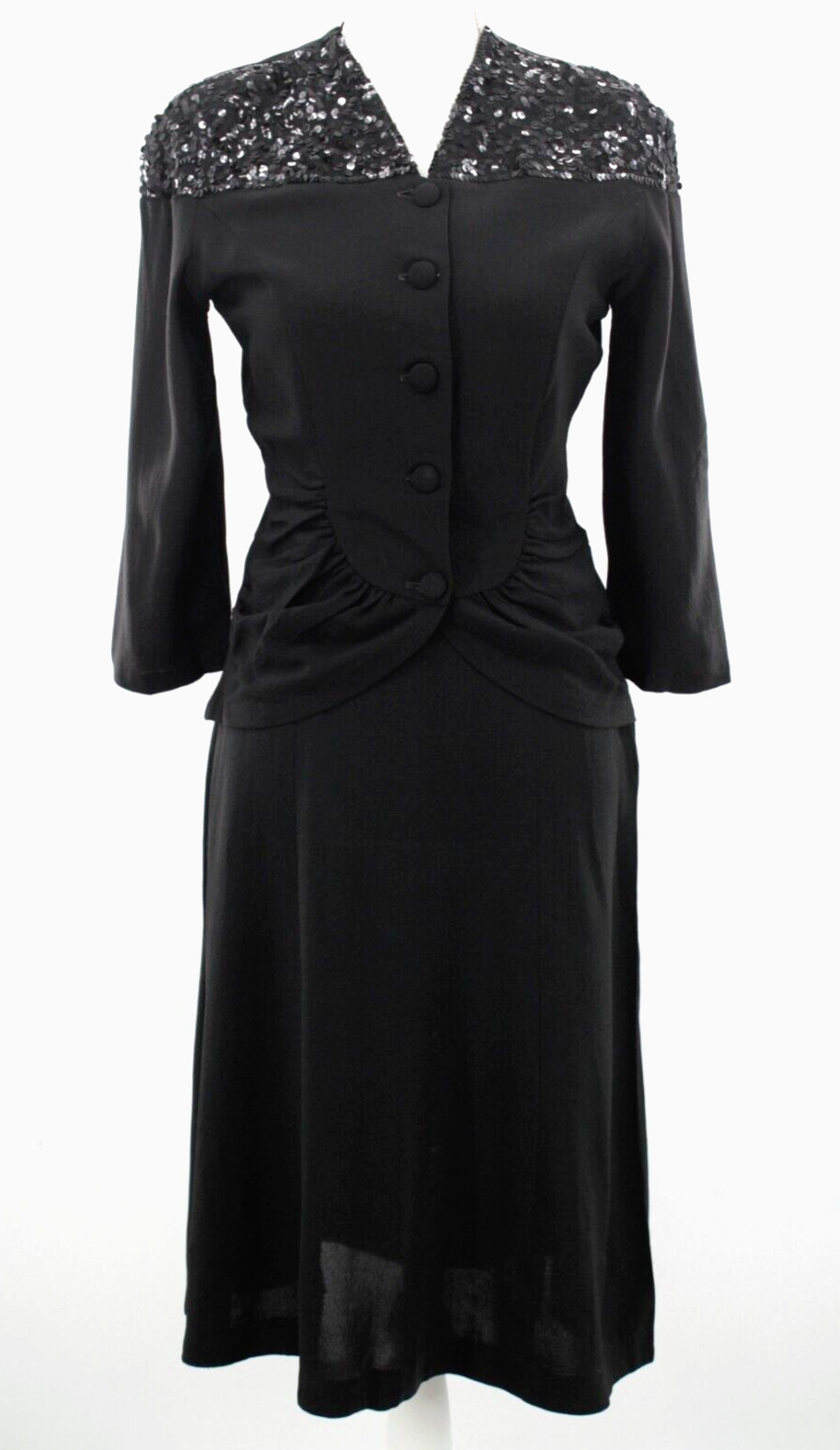 VTG Women&rsquo;s 40s 2 PC Black Rayon Sequin Top & Skirt Set 1940s S/M Dress Suit