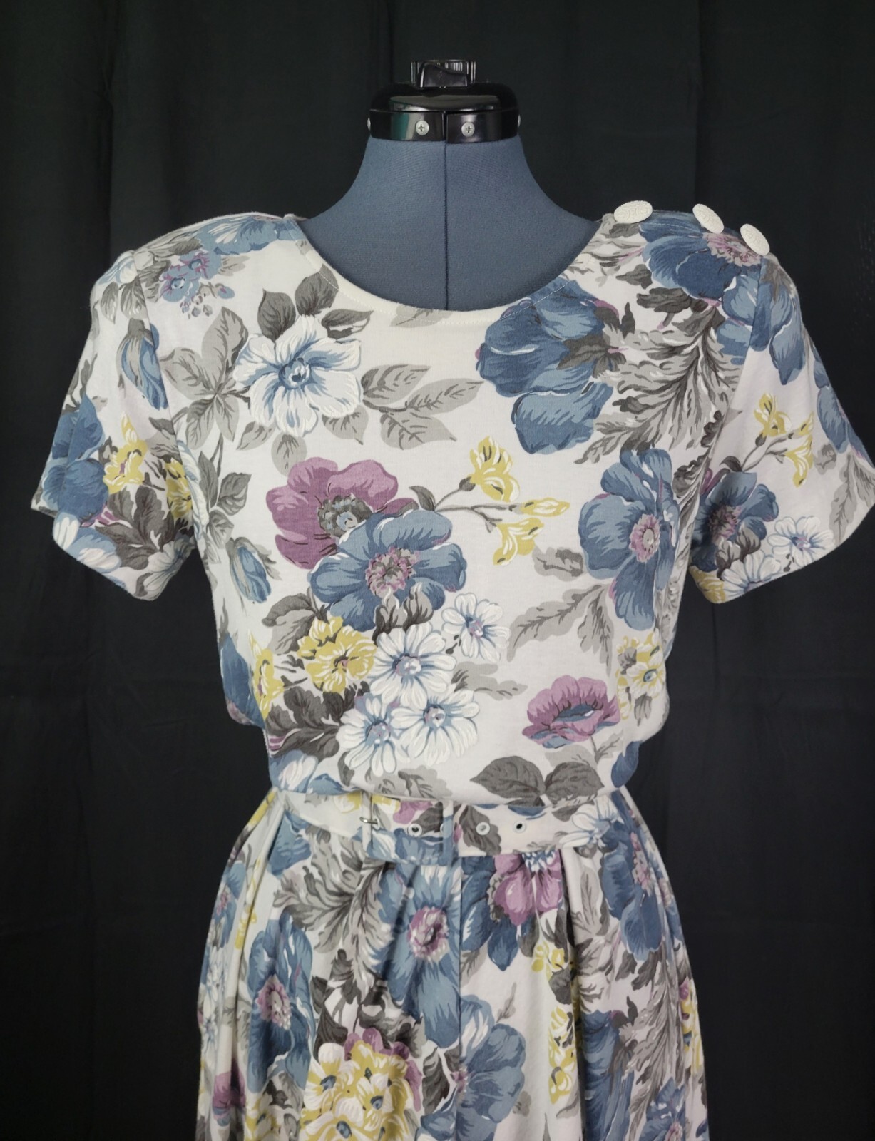 Vtg Stuart Alan Petites White/Blue/Purple Floral Blouson Knit Dress Size 8P