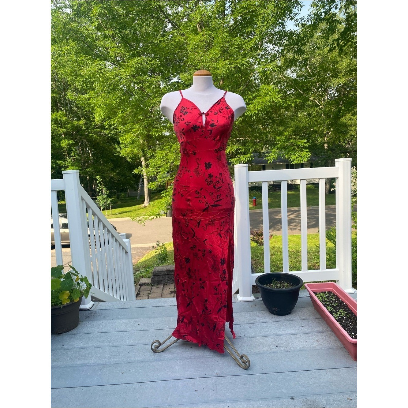 VTG La Vie En Rose Red Floral Slip Maxi Dress 100% pure silk Goth Fairy Fantasy