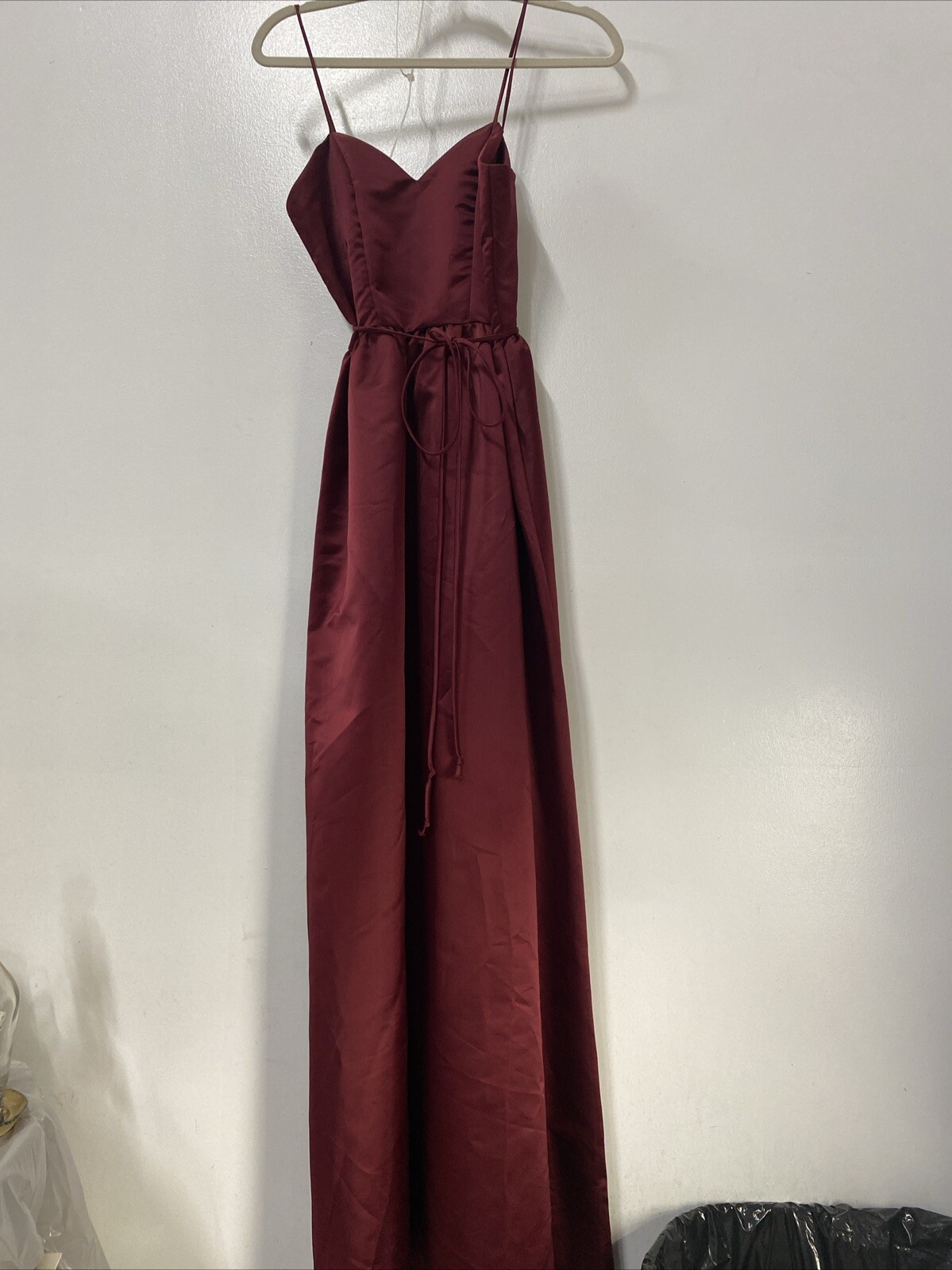 Vtg Burgundy Bianchi Long Evening Dress, Tie Waist, Spaghetti Straps Size 8