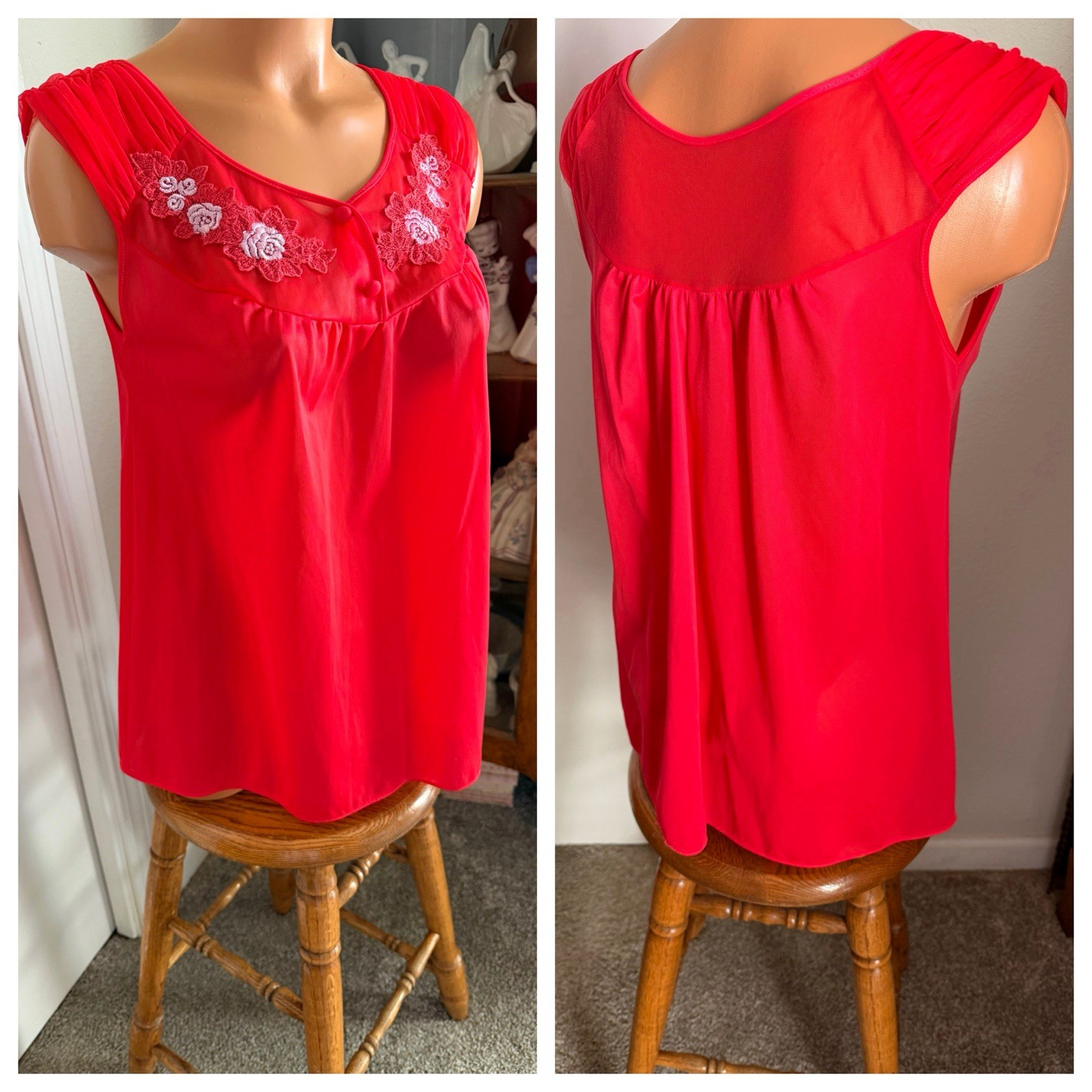 VTG 60&rsquo;s PANDORA RED W/ ROSE APPLIQUE & RUCHE CHIFFON BABYDOLL NIGHTGOWN SZ S- M