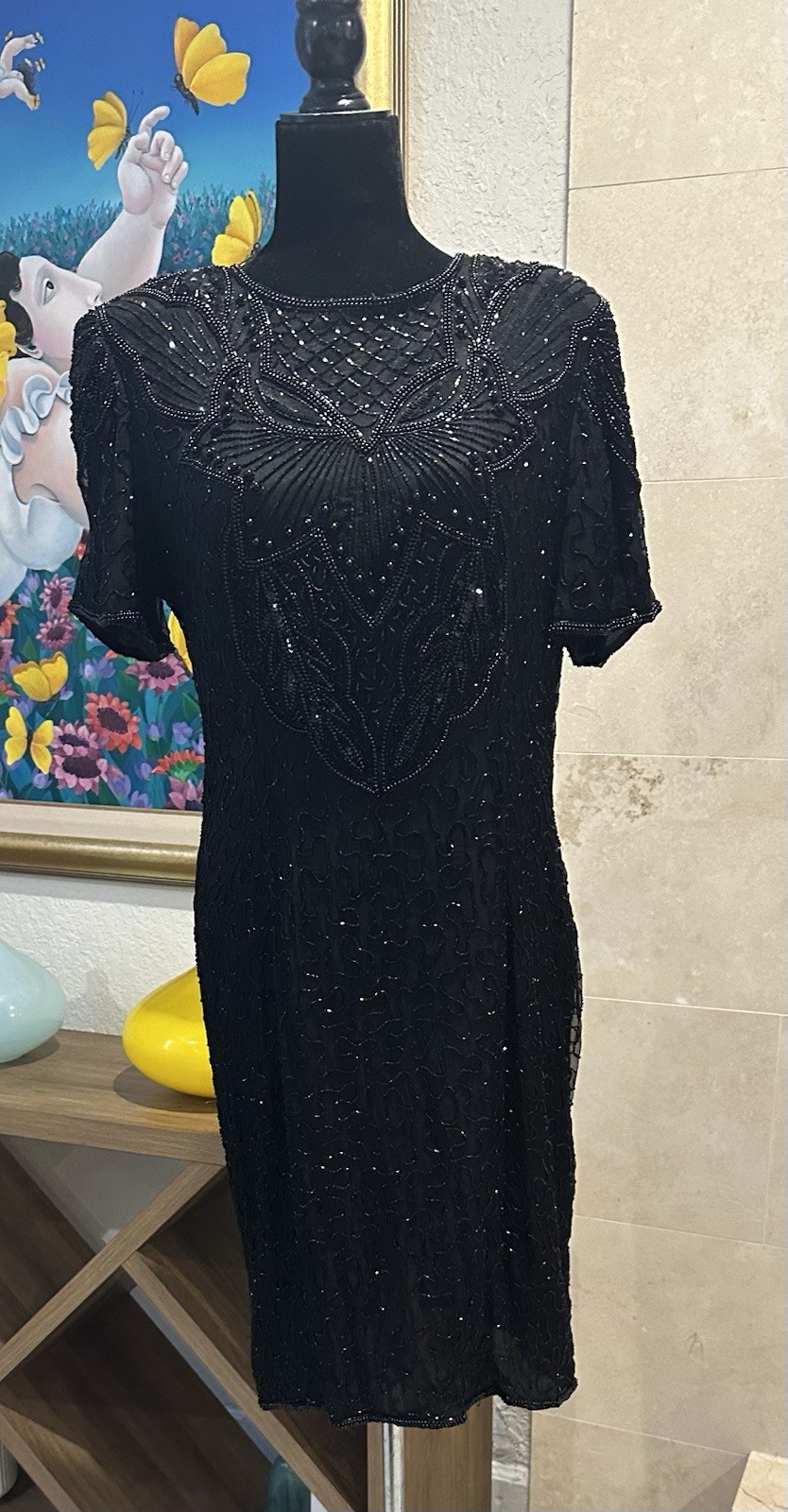 VTG 80s AP Ltd Vintage Black Beaded Sequin Silk Dress US 14 L Knee Length NWT