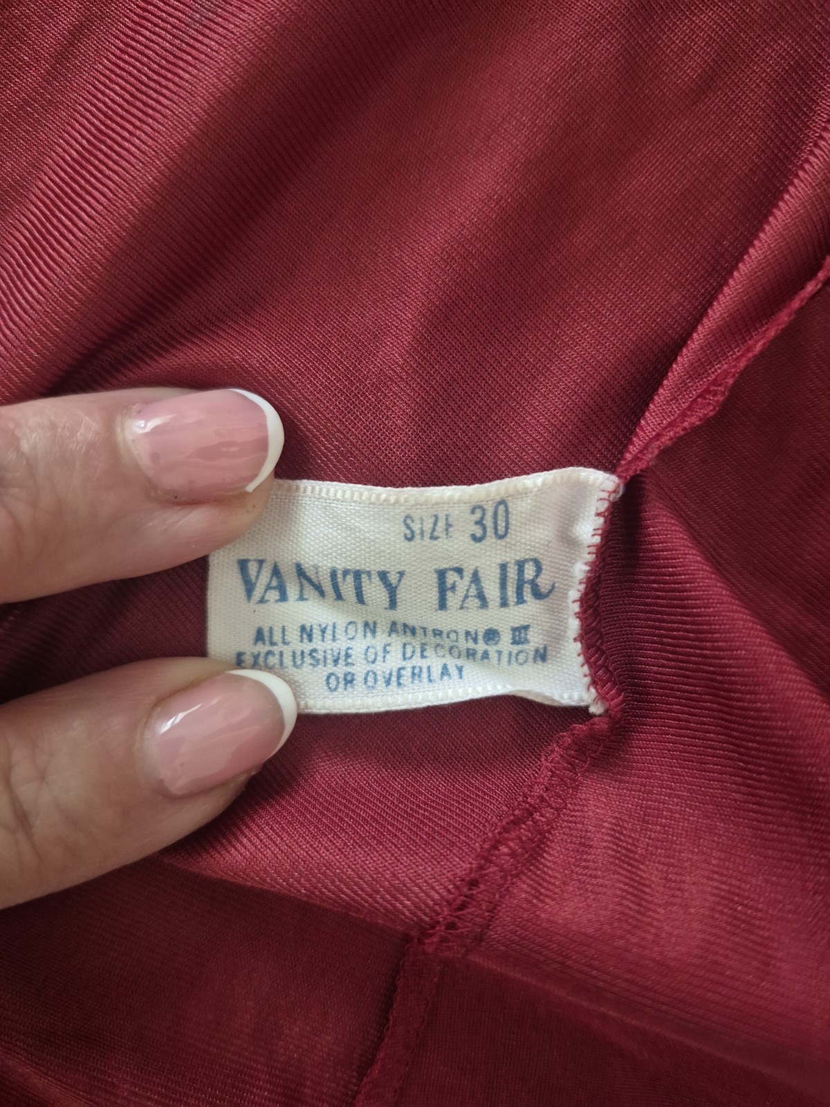 Vintage Vanity Fair Nylon Pajama Set in Burgundy and Beige with Lace Trim, 30