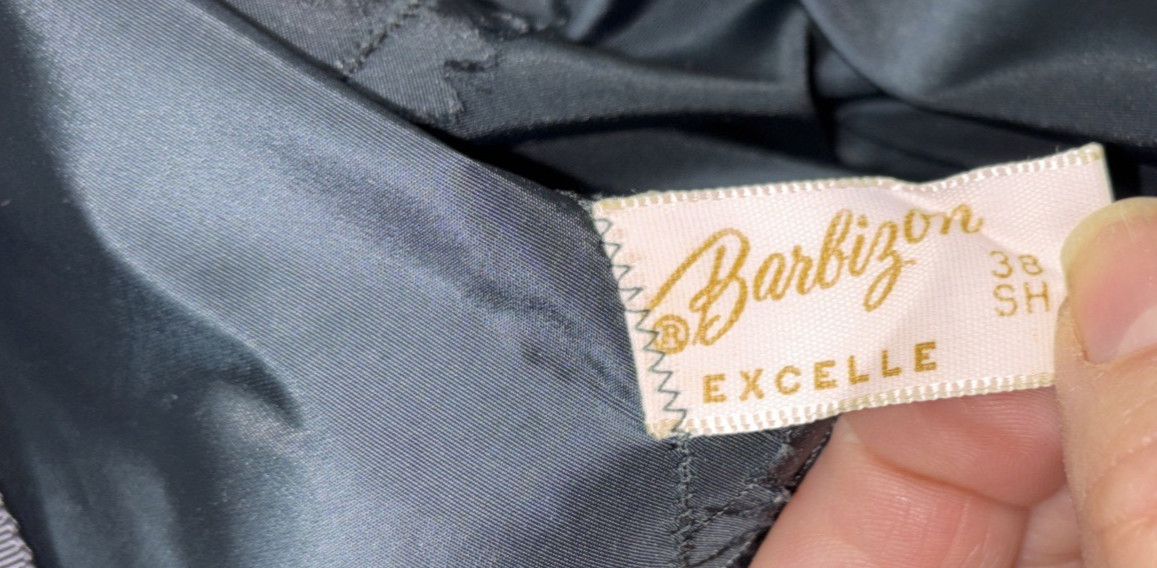 Vtg EXCELLE Barbizon Full Slip Black Taffeta Embroidered Trim w/ Zipper 38S