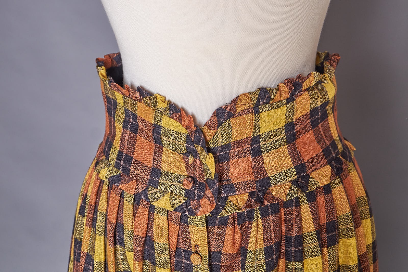1980s Ruffle Waist Plaid Golden Button Up Skirt Long Retro
