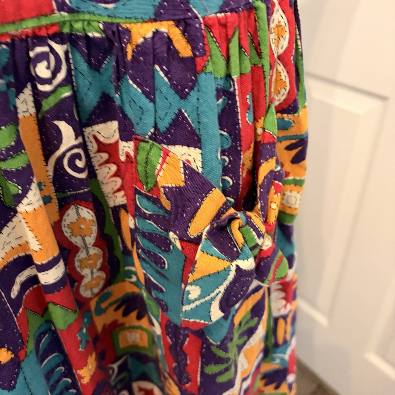 Vintage Gap 80s Abstract Geometric Patchwork Sundress Pockets Kidcore Eclectic L