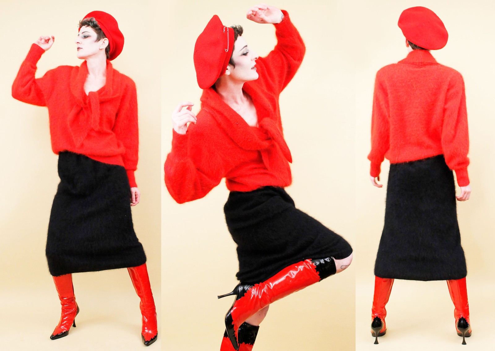 80s Vtg Red Angora Wool Knit Sweater Giant Sailor Collar Jumper Long Sleeve S-M
