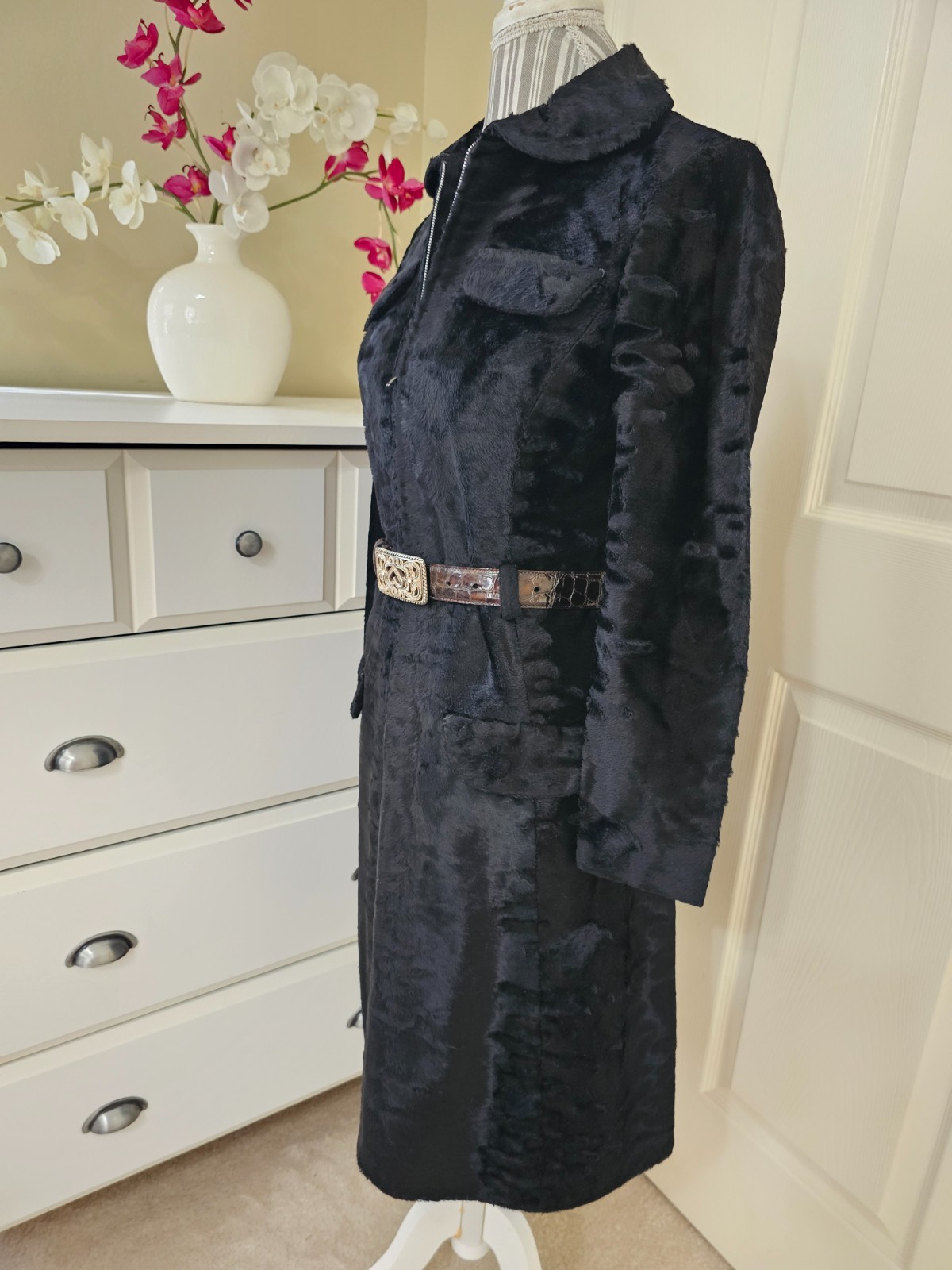 VTG 1960s Adele Simpson Womens Black Crushed Velvet Half Zip Coat Dress Sz. M