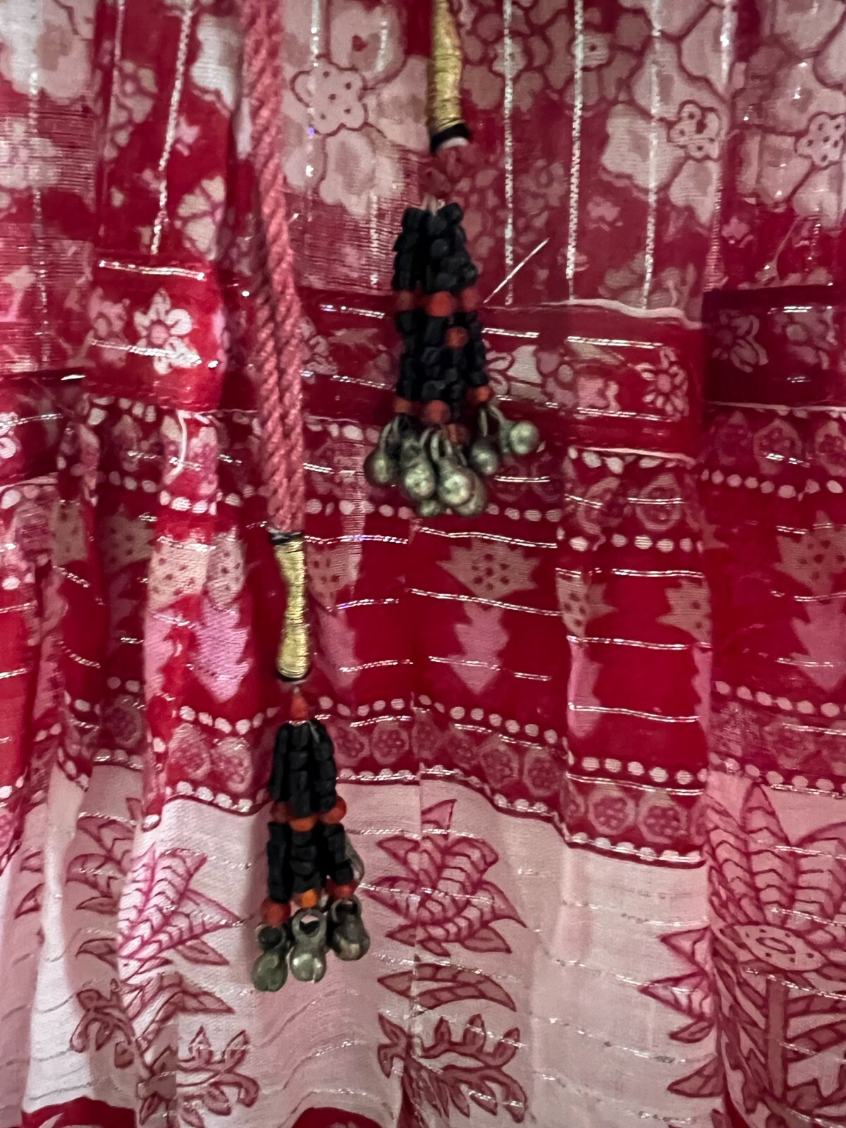 Vintage OH CALCUTTA India Cotton Gauze Hippie Dress Sz M~Red w Silver Thread