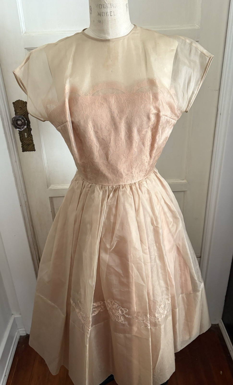 VINTAGE 50&rsquo;S R & K Sheer Chiffon Lace Accent Tan Party Dress Rockabilly XS