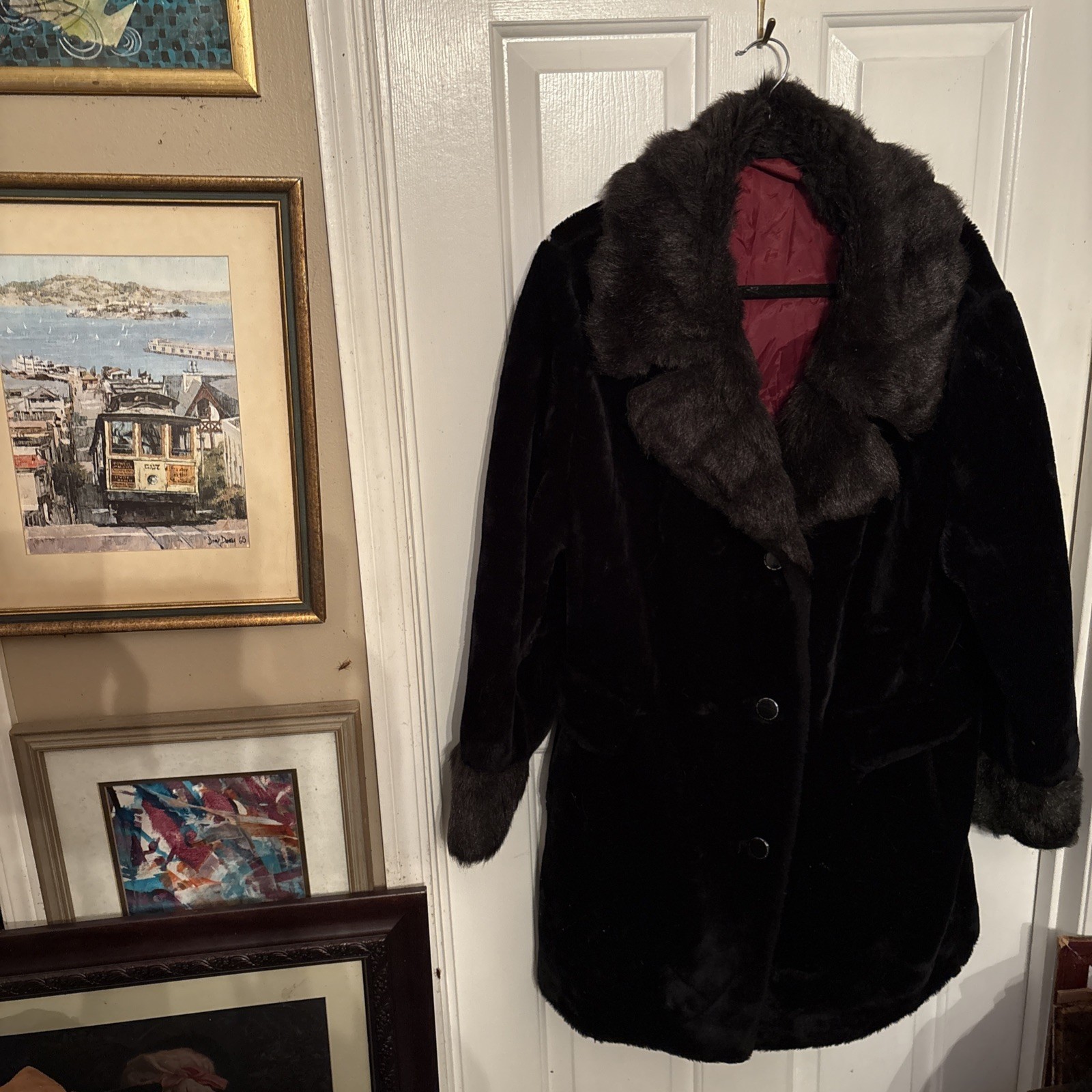 Vintage No Label Faux Fur Black Coat and Brownish Gray Collar And Cuffs Coat XL