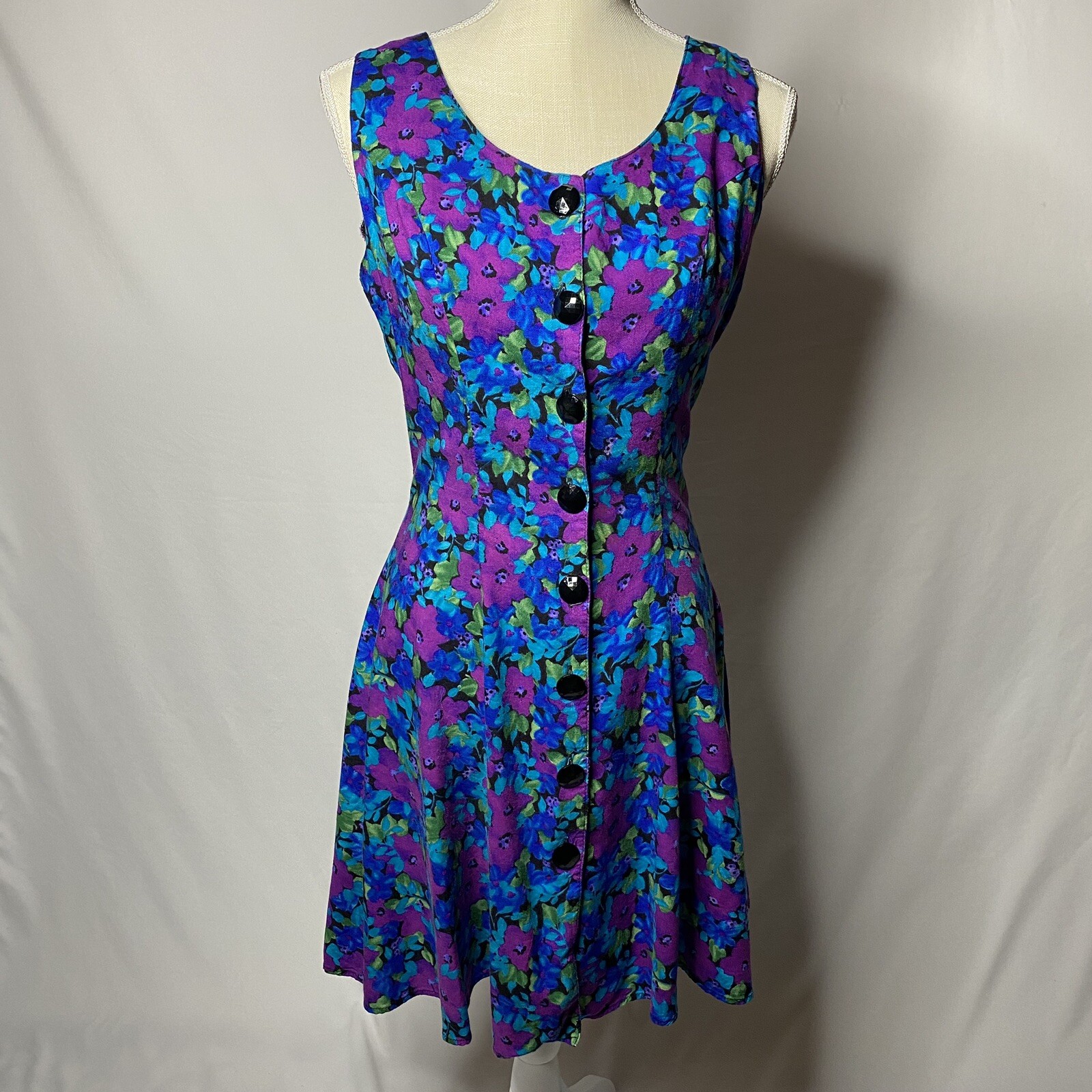 Joni Blair Women&rsquo;s Sleeveless Blue Purple Floral Dress Vintage Button Up Size 9