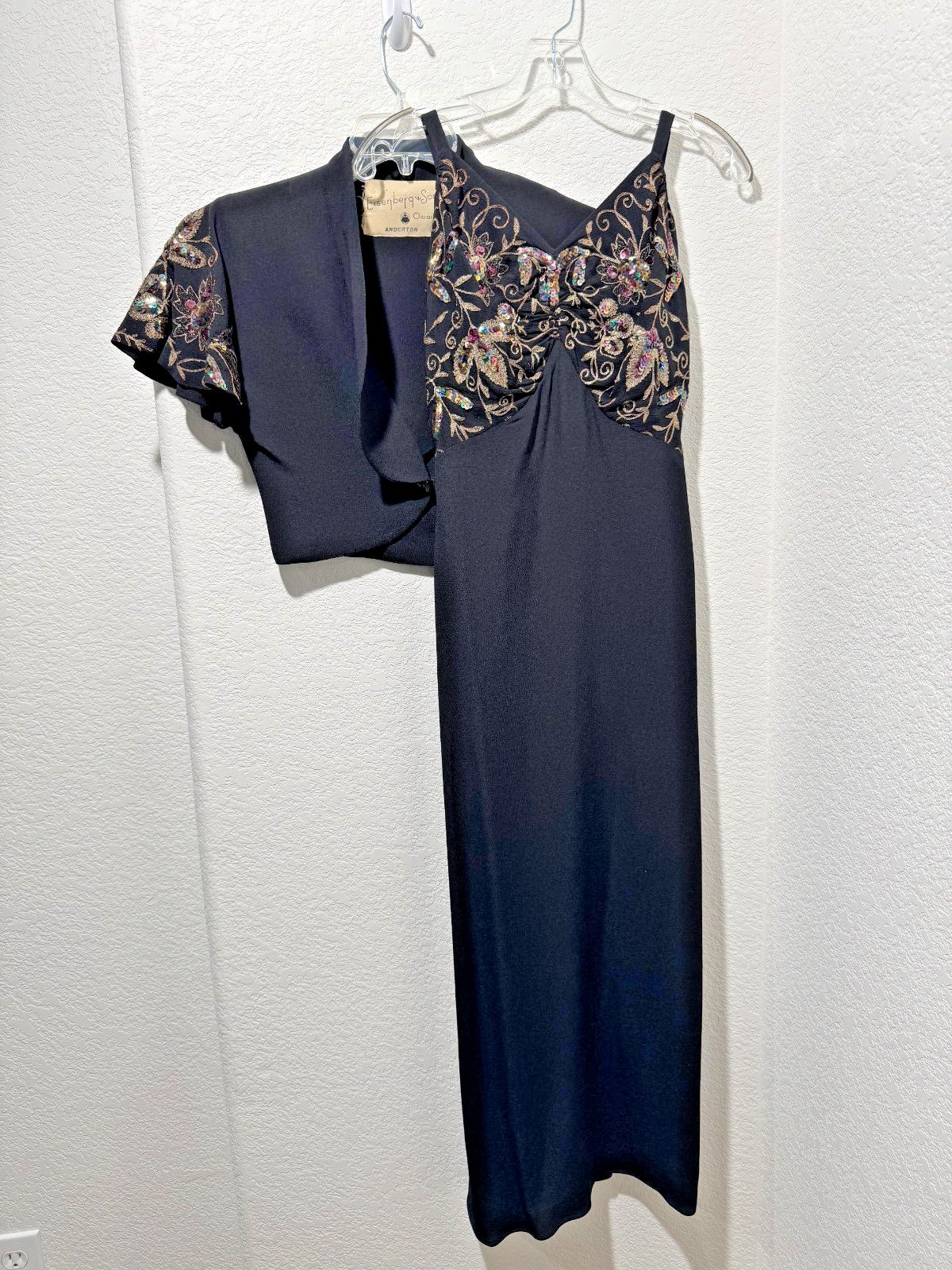 Eisenberg Maxi Dress Jacket Sequin Embroidered Rayon 2PC Formal Black 1940s Sz S