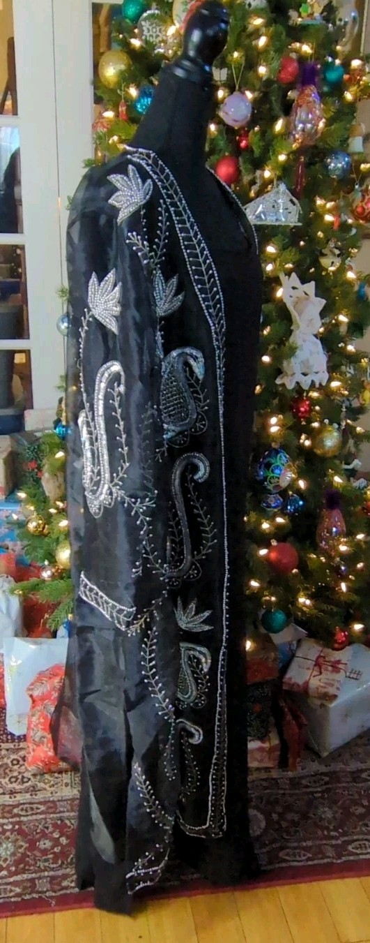 Vintage 80s Tan Chho Black Beaded Sequin Duster Dress 4 Piece Set, Women&rsquo;s 2X