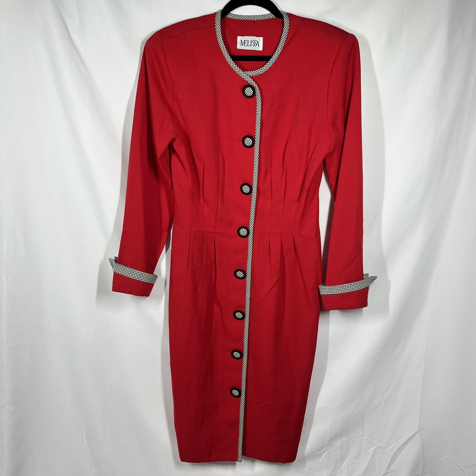 Melissa 60s 70s Secretary Dress S Red w/Houndstooth Trim/Buttons LS Vtg Mad Men