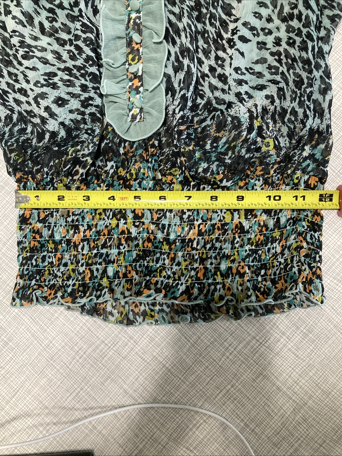 American Rag XS EUC Mint Green Leopard Print Sheer Ruffle Smocked Boho Top Y2K