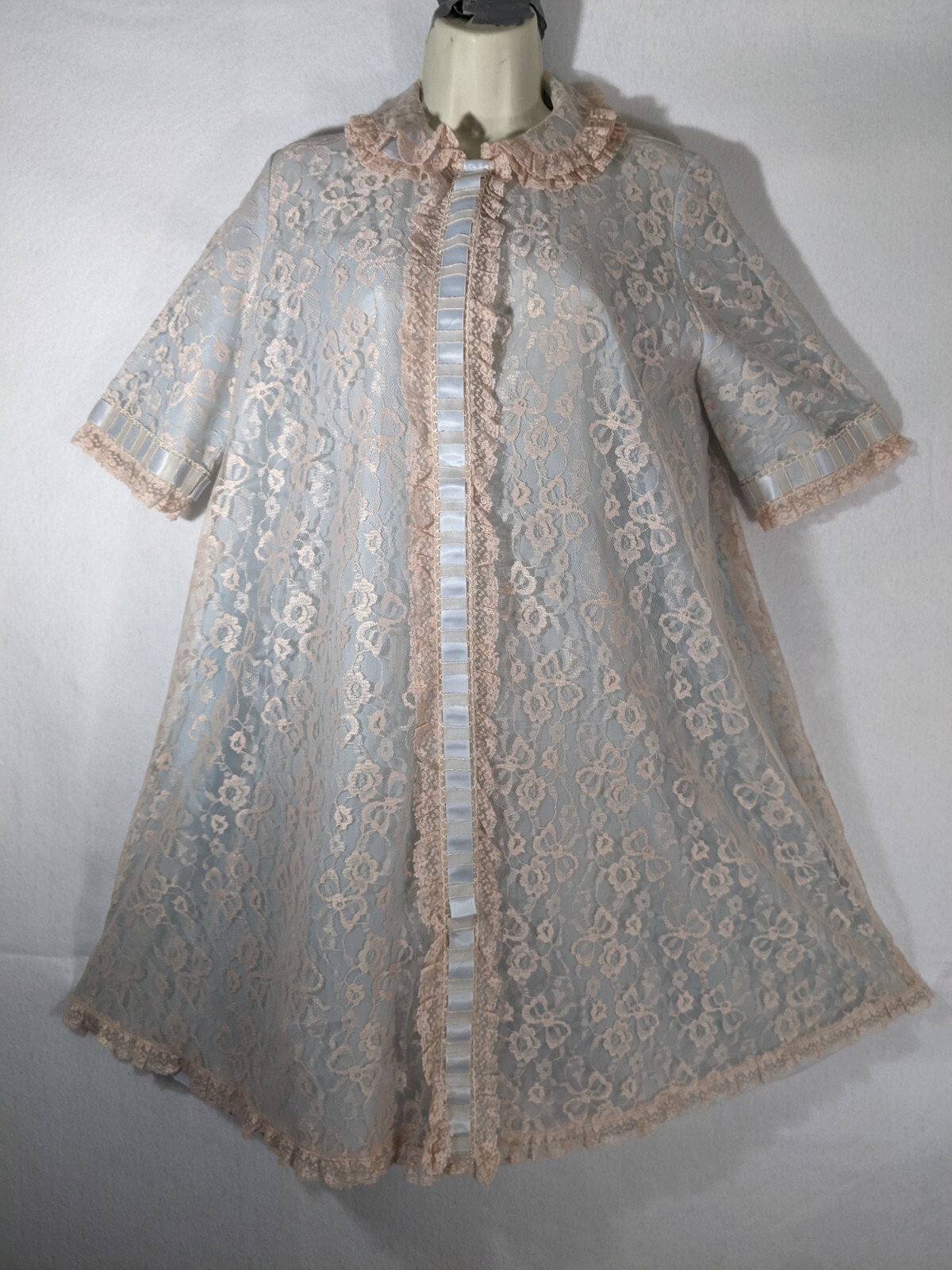 Vintage Odette Barsa Lace Overlay Lined Lingerie Pocket Dressing Robe M